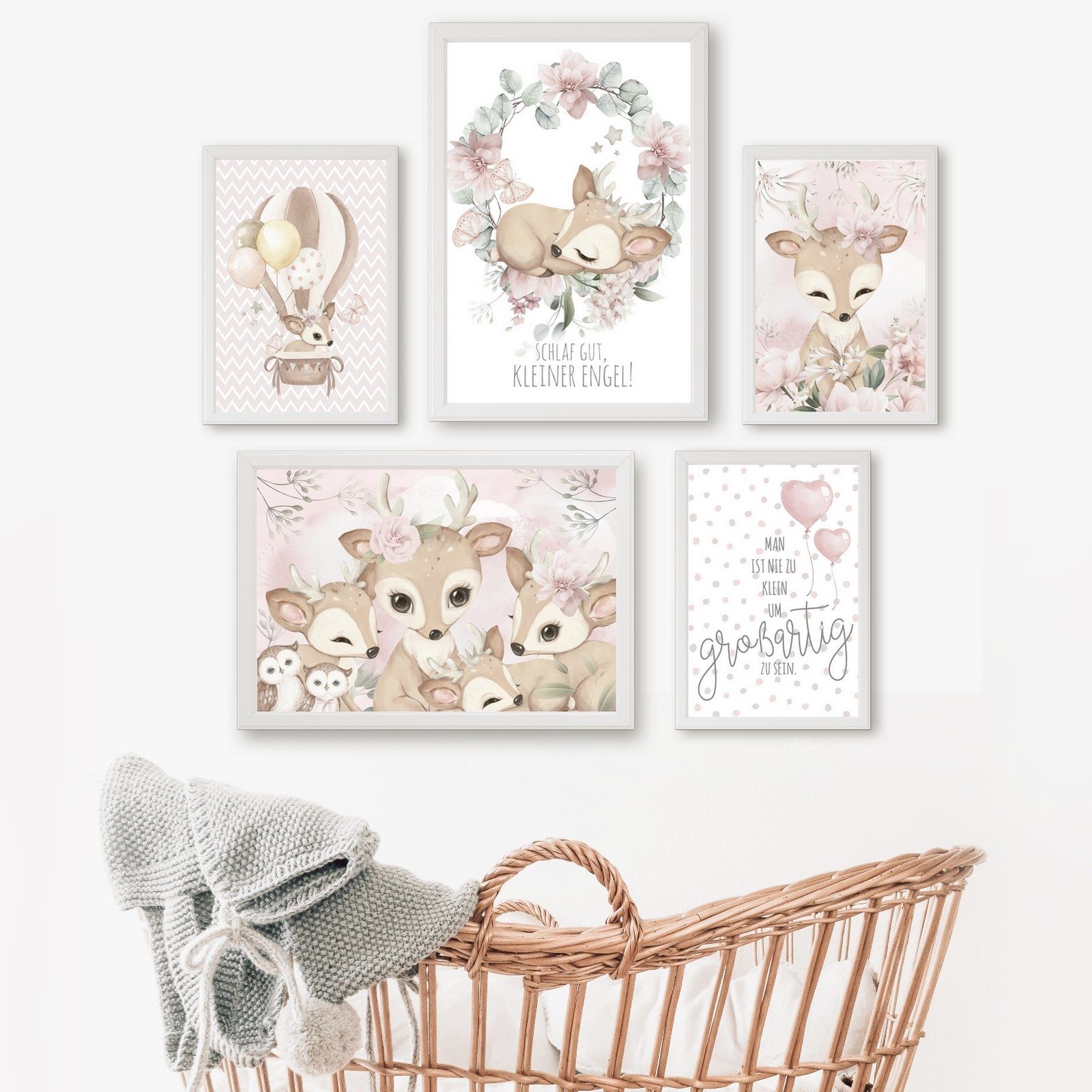 homestyle-accessoires Poster Kinderzimmerbilder Bilder Kinderbilder SCHLAF GUT KLEINER ENGEL BAMBI, (5 St), - Ohne Bilderrahmen - sorgfältige & sichere Verpackung