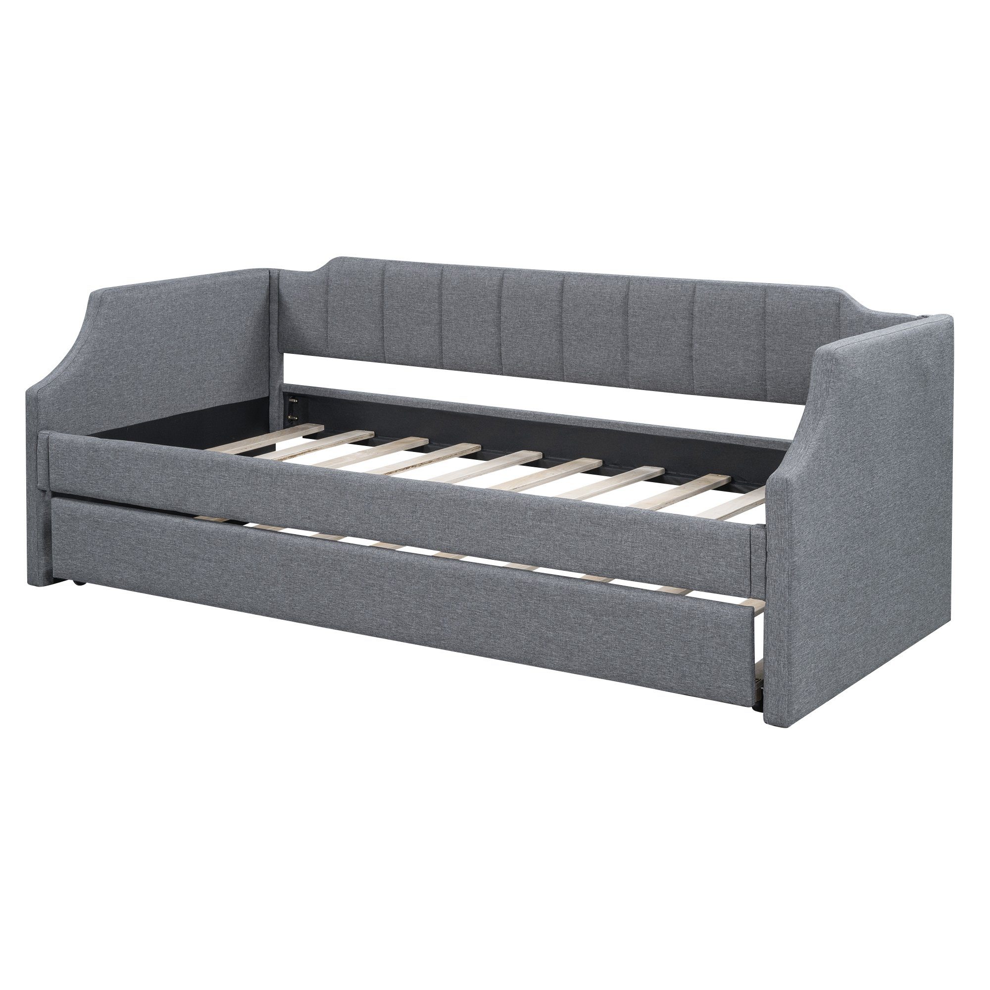 Grau Liegeflächen 90x200/190cm, Funktionsbett Schlafsofa ausziehbar Daybett Leinenbezug, mit Tagesbett, zwei Merax mit Lattenrost,