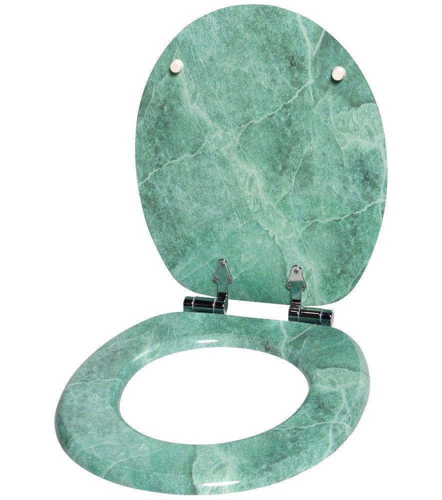 Sanilo Badaccessoire-Set 3-teilig Marmor Grün, WC-Sitz mit Absenkautomatik, Badteppich 70 x 110 cm, Waschbeckenstöpsel, 3 tlg., hochwertig & modern, universell, leichte Montage