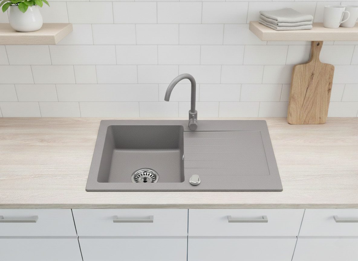 Faizee Möbel Granitspüle Faizee Home Granitspüle Alisha 75x43,5 cm Set mit Armatur & Siphon, Kratzfest, hitzebeständig bis 280 °C, reversibel, pflegeleicht, inkl. grauer Armatur & Siphon-Set, (Komplett-Set, Granitspüle mit grauer Armatur & Siphon-Set), Kratzfest, hitzebeständig, reversibel, mit Armatur & Siphon