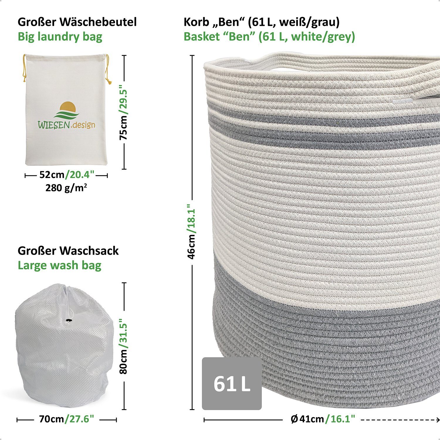 WIESEN.design Wäschekorb Ben Ø41xH46 cm 61L, günstig online kaufen