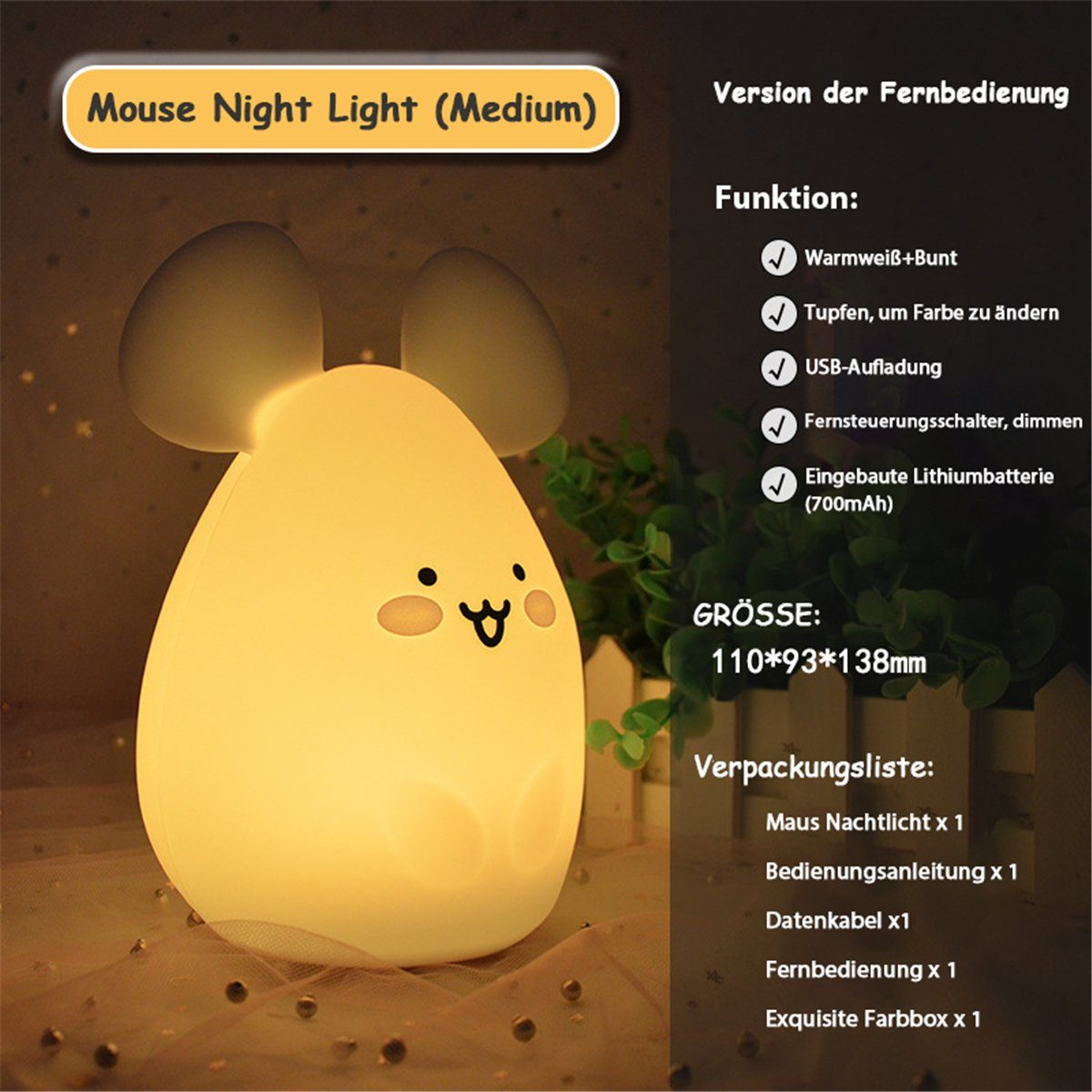 K&B LED Nachtlicht Maus-Nachtlicht mit Helligkeit Farbe/mit und einstellbarer Timer