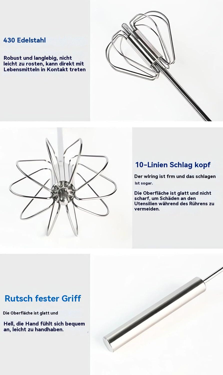 PODOFO Schneebesen 10 Zoll Automatischer Schneebesen, Halbautomatischer für die Küche, Edelstahl