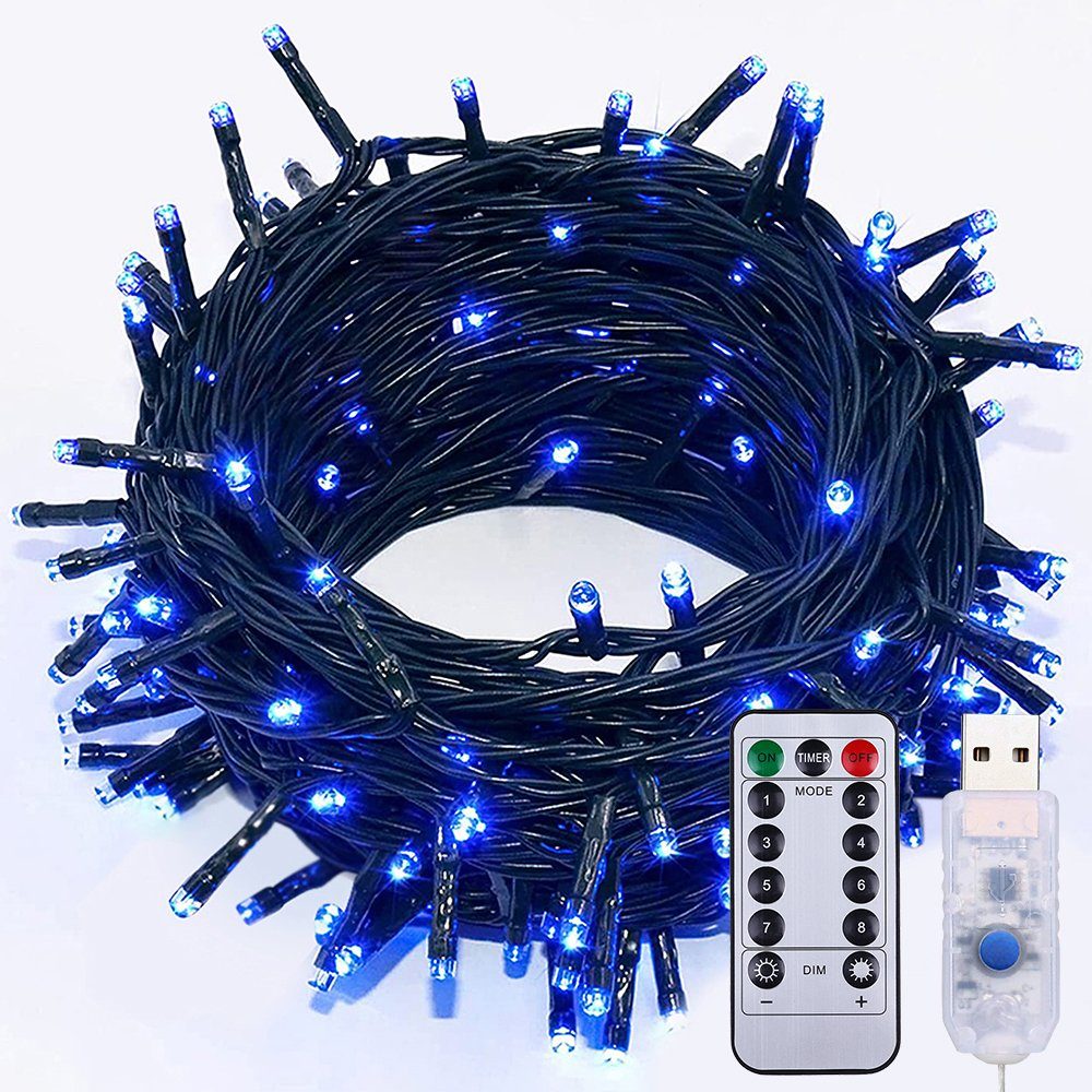 Rosnek LED-Lichterkette 5-10M 50-100 LEDs Vorhang LED Lichterkette Weihnachtsbaum Light, Wasserdicht, 8 Modi,mit Fernbedienung Blau