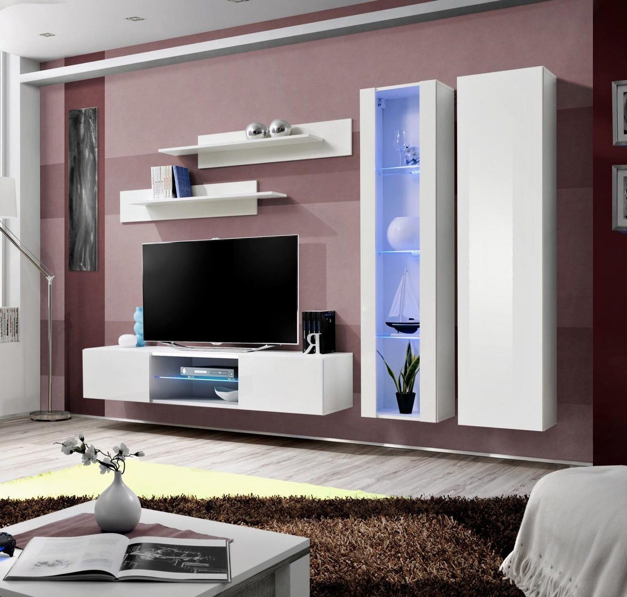 Xlmoebel Wohnwand Weißes Wohnzimmermöbel Set mit Hängevitrine und Schrank, (5-St), Made in Europa