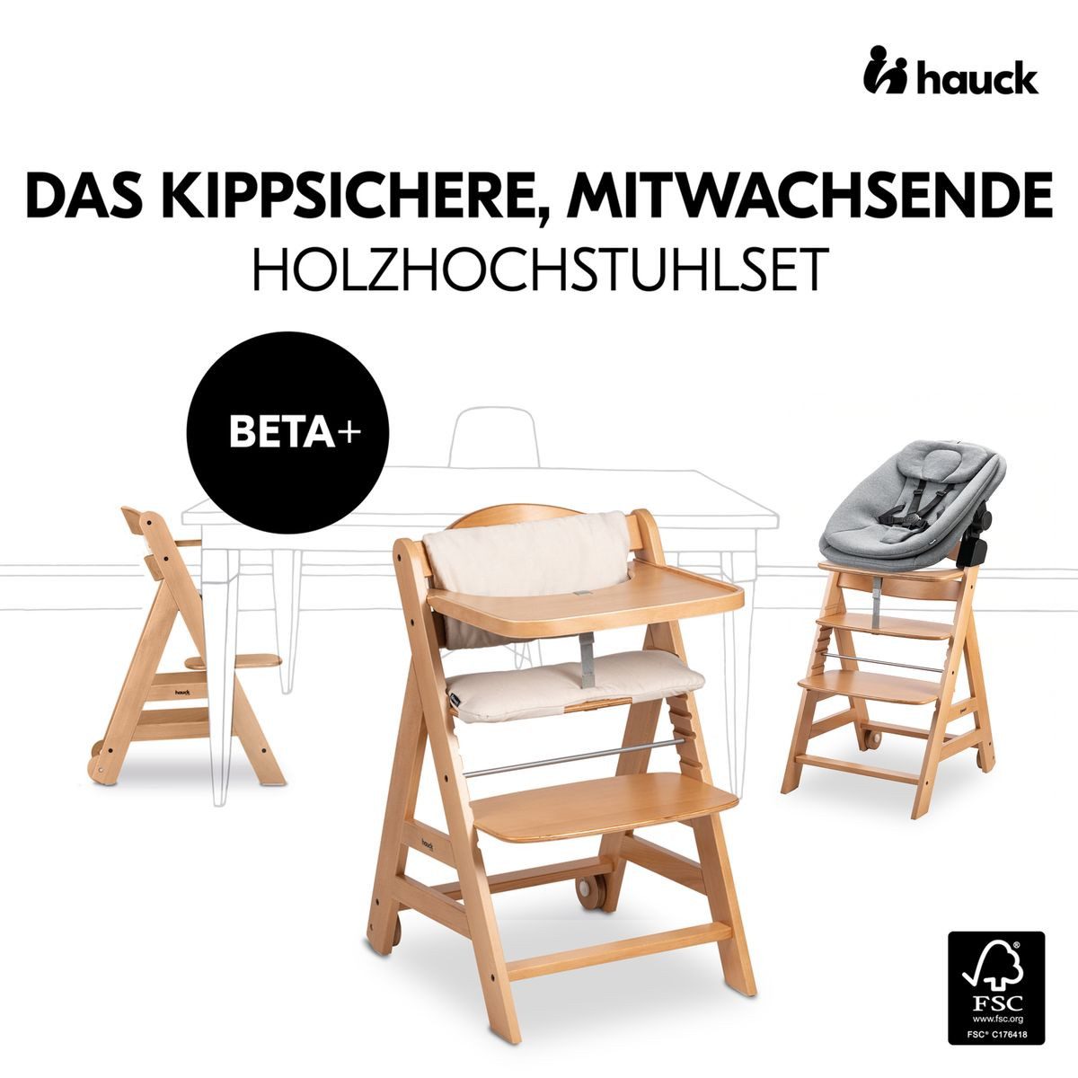 Hauck Hochstuhl Beta Plus Natural - Newborn Set 3in1 Bouncer (Set), Holz Babystuhl ab Geburt mit Neugeborenensufsatz, Sitzkissen, Essbrett
