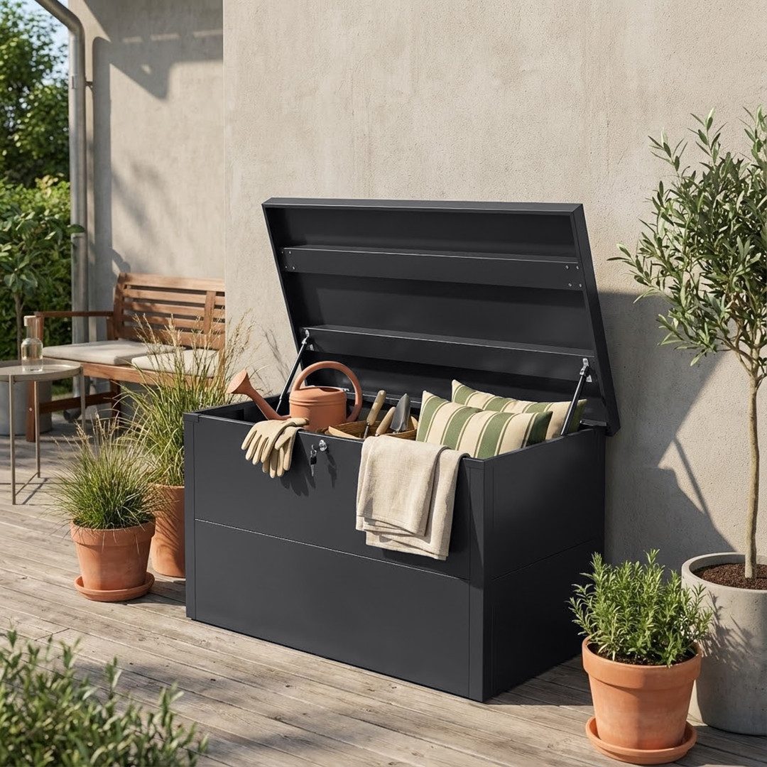 STEELSØN Auflagenbox Icarus aus Metall, abschließbar (Dunkelgrau, 320L), Gartenbox wetterfest, 105x65x63 cm, auch für 520L verfügbar