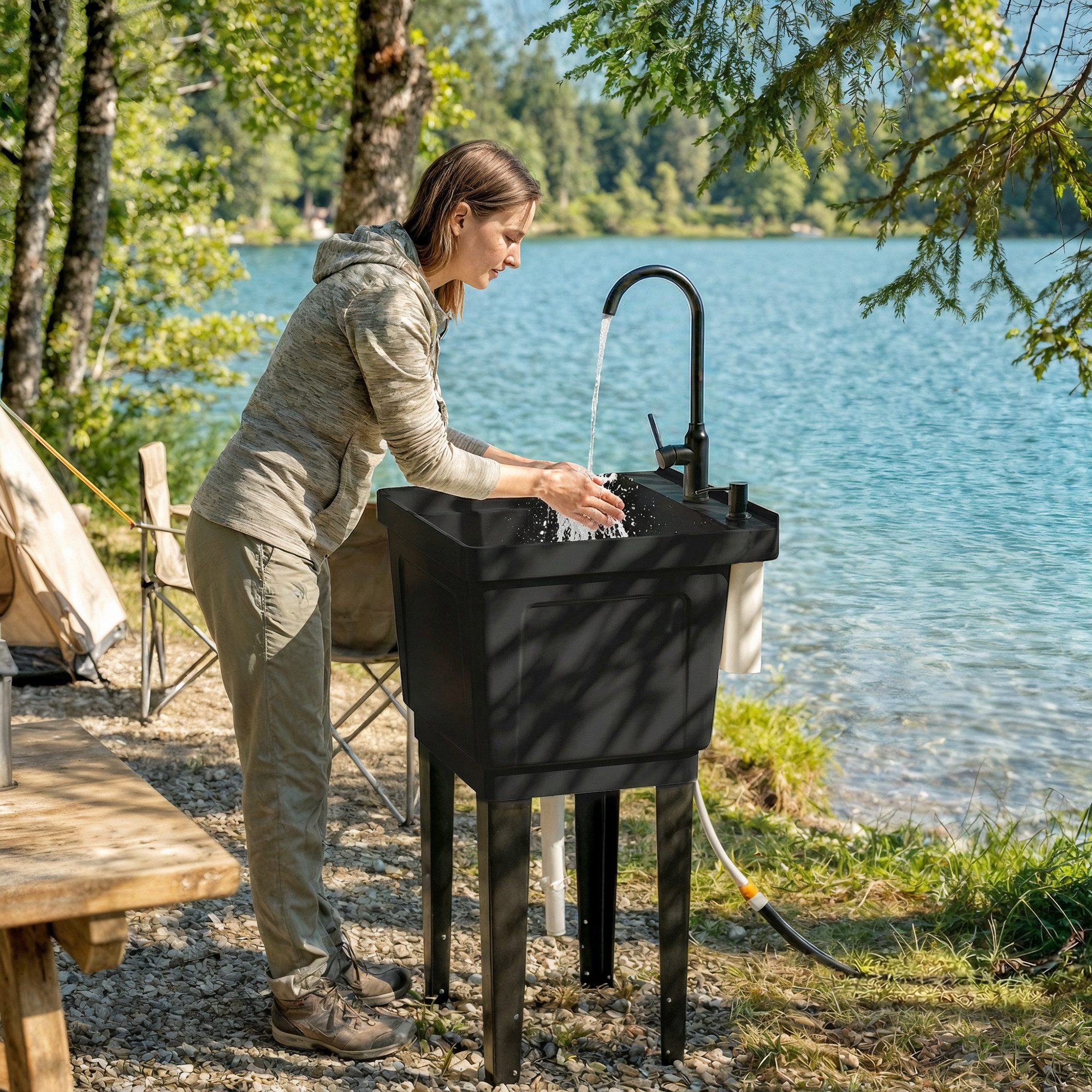 Outsunny Waschbecken Mobile Waschstation Camping (Set, 1-St., mit Seifenspender), Werkzeugfreie Montage