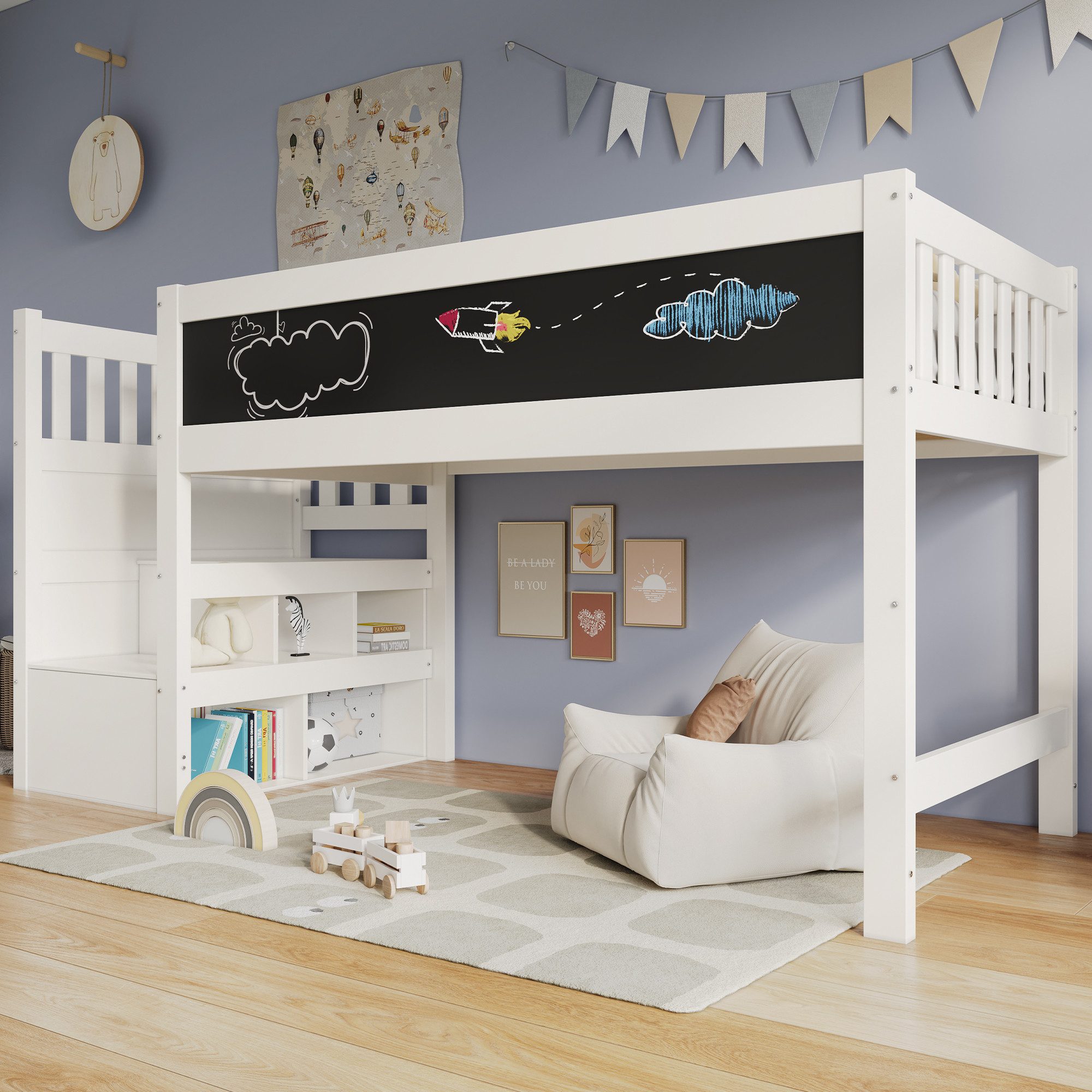 Flieks Kinderbett, Massivholz Hochbett mit Tafel günstig online kaufen