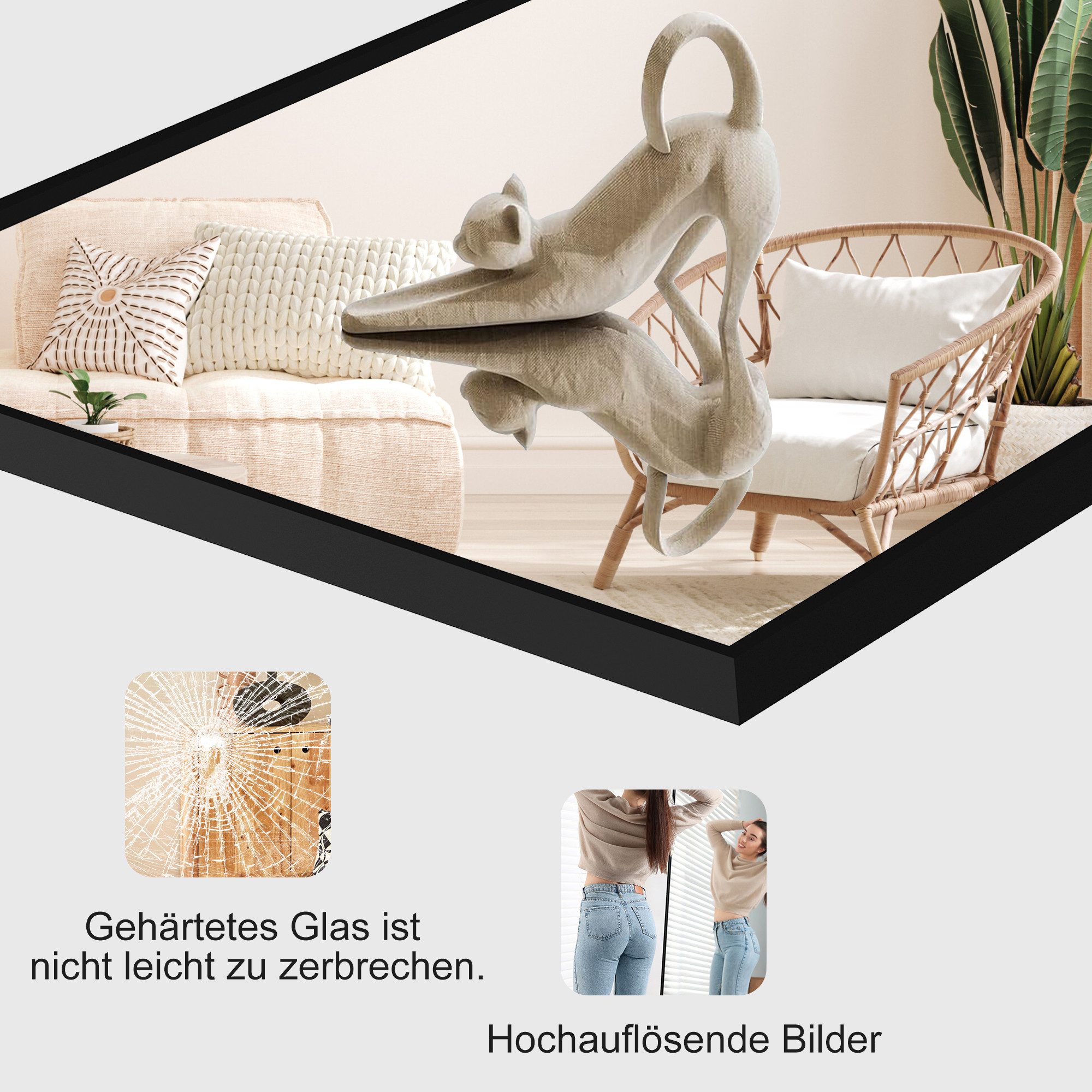 FUROKOY Ganzkörperspiegel Standspiegel Wandspiegel,stehend oder wandmontiert mit Metallrahmen, verstärktem Glas,Rechteck,Schwarz,164 x 54 cm