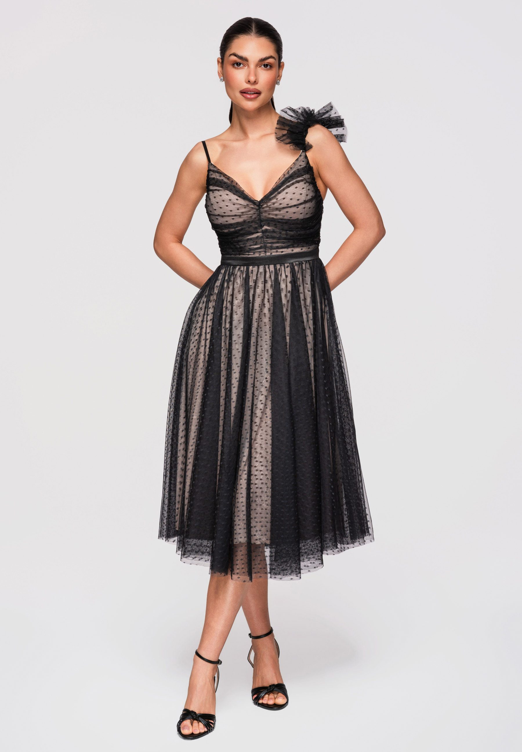 OMBRE Abendkleid Cocktailkleid Tüll Spitze Midi Schwarz M (kein Set, 1-tlg) Asymmetrische Applikation, transparente Struktur