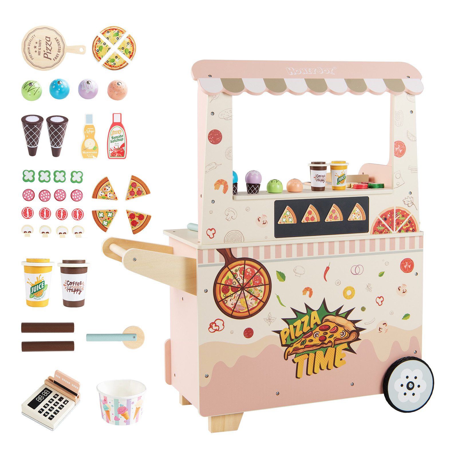 COSTWAY Kaufladen, Kinder Pizza Food Truck mit Eiscreme & Kassenapparat