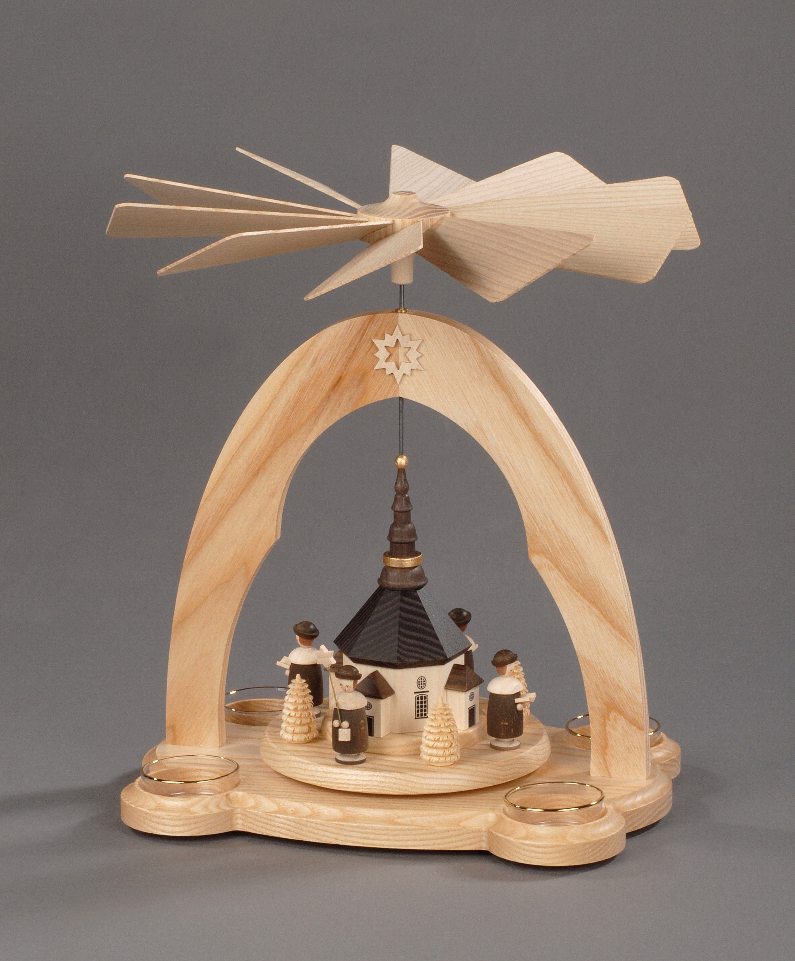 Albin Preissler Weihnachtspyramide Seiffener Kirche mit Kurrende, Handwerkskunst aus dem Erzgebirge, Weihnachtsdeko aus Eschenholz