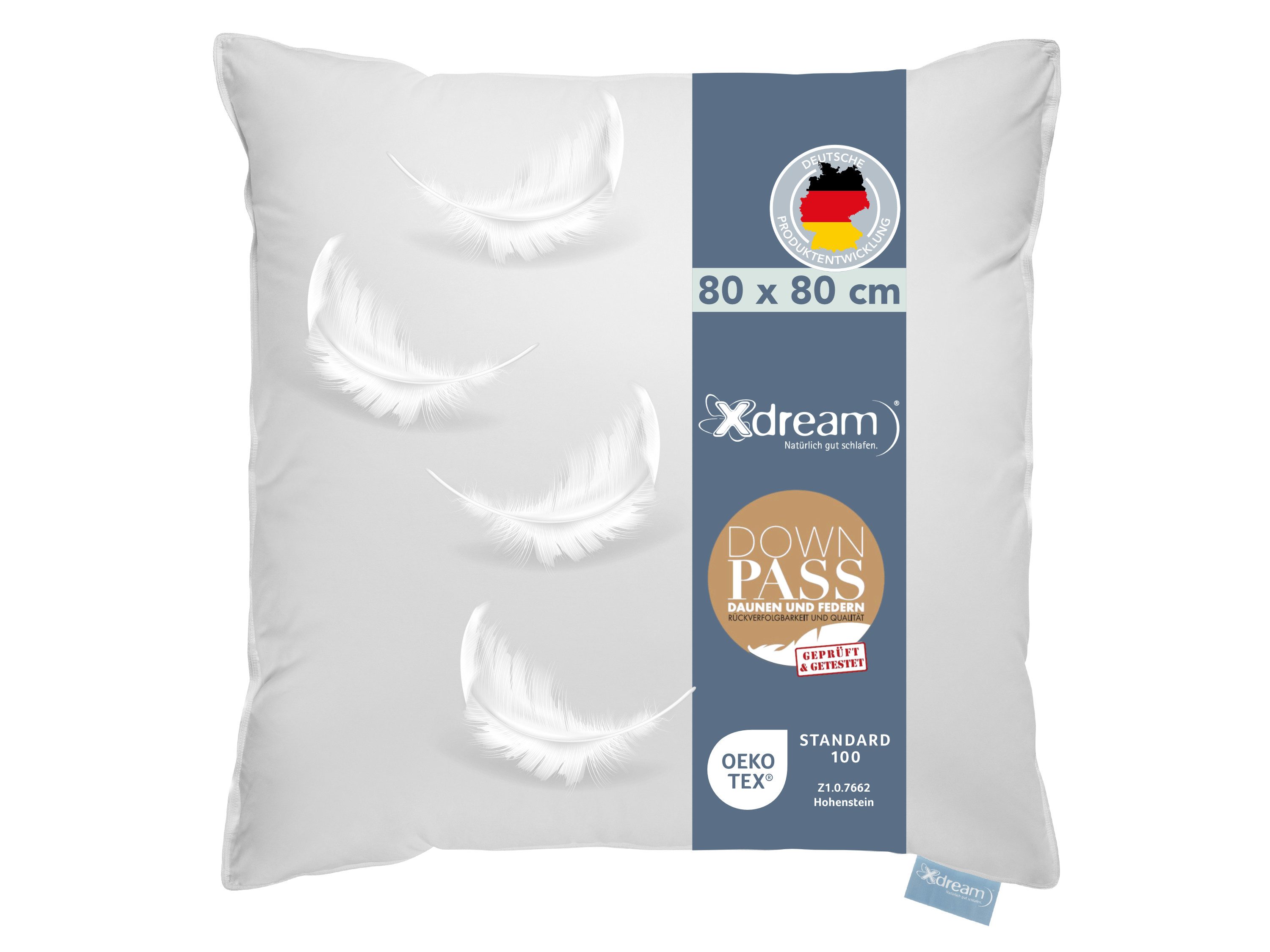 XDREAM Daunenkissen Premium, Kopfkissen 40x80 cm und 80x80 cm, entwickelt in Deutschland, Füllung: Daunen und Federn, Bezug: 100% Baumwolle, Rückenschläfer, Seitenschläfer, Bauchschläfer, Daunenkopfkissen, Bettkissen, Schlafkissen, für Allergiker geeignet