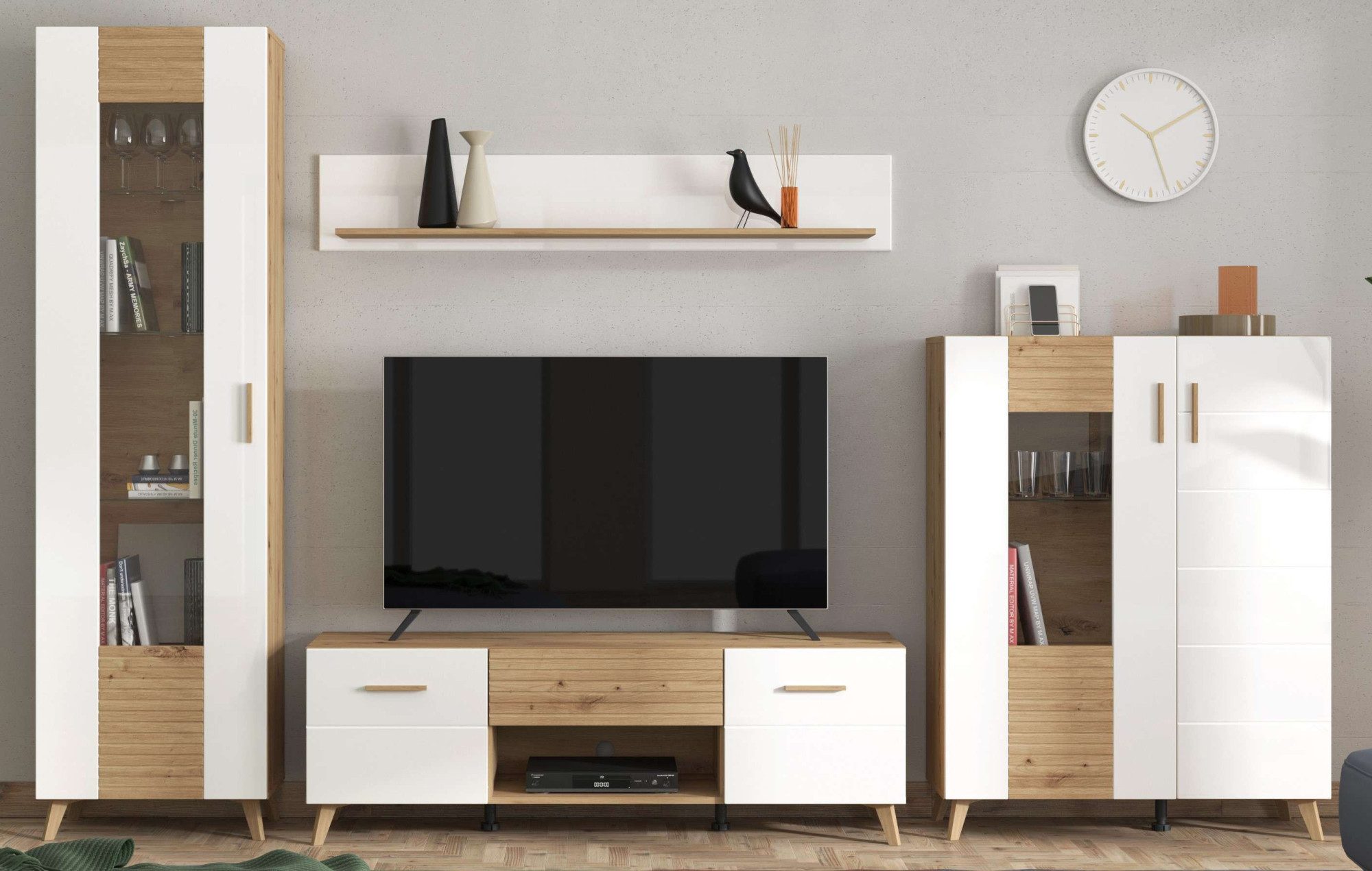 INOSIGN Wohnzimmer-Set Bretagna Wohnwand, Mediawand, Anbauwand, TV-Wand, Breite 302 cm, (Komplett-Set, 4-St), Set besteht aus 2 Vitrinen, TV-Board und Wandregal, in Artisan Eiche