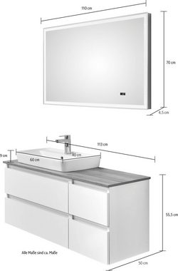 Saphir Badmöbel-Set Quickset 360 2-teilig, mit Keramik-Aufsatzbecken und LED-Spiegel, (Set, 2-St), in Weiß Glanz, Riviera Eiche quer Nachbildung, 4 Schubladen