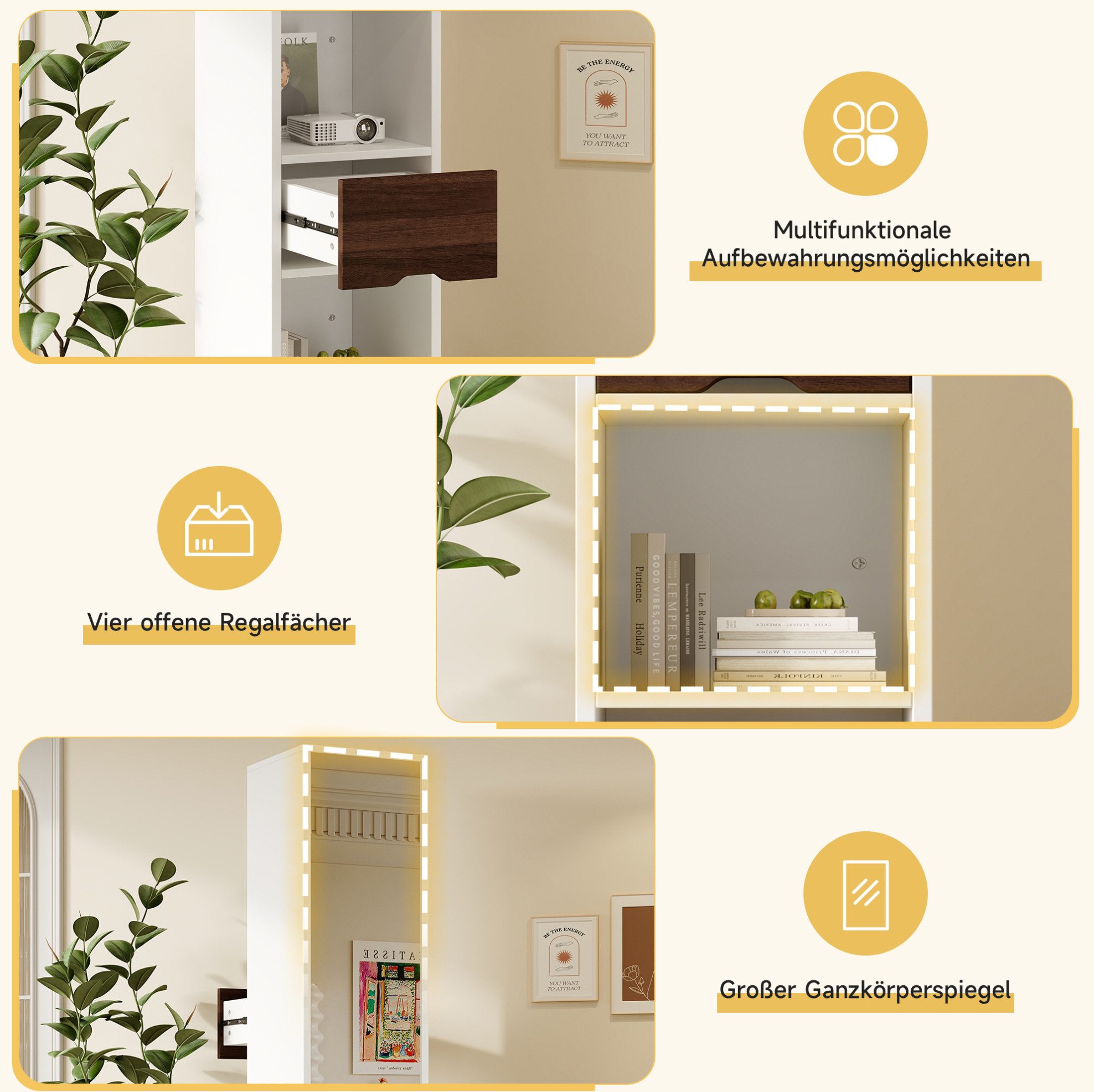 MODFU Spiegelschrank Ganzkörperspiegel Schrank 168 cm hoch, Hochschrank Badschrank (drehbare Konstruktion mit Ablageflächen und Schublade, platzsparender freistehender Badezimmerschrank, für Kleidung und Accessoires)