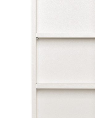 möbelando Hochschrank Porta Moderner Seitenschrank, Korpus aus melaminharzbeschichteter Spanplatte in Weiß, Front aus MDF in hochglanz-weiß mit 2 Holztüren, 4 Einlegeböden, 1 offenem Fach und 1 Schubkasten. Breite 30 cm, Höhe 180 cm, Tiefe 35 cm
