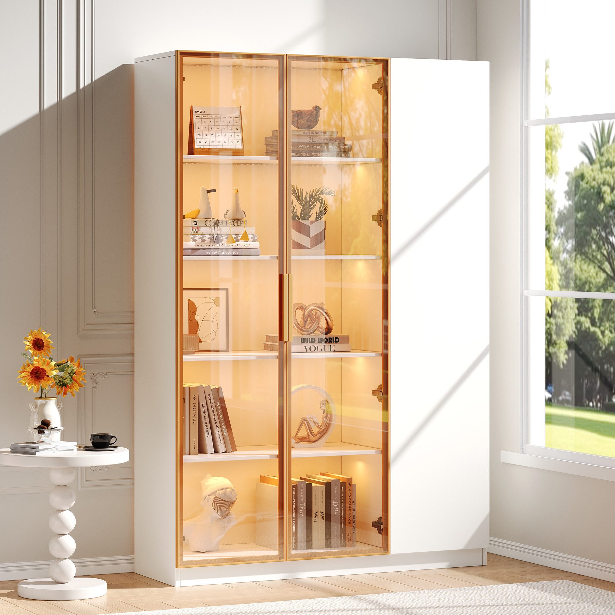 Merax Glasvitrine Vitrine mit Drei Türen (zwei Glastüren), (Bücherregal, Hochschrank, 165 cm, Weiß, 1-St) LED-Beleuchtung