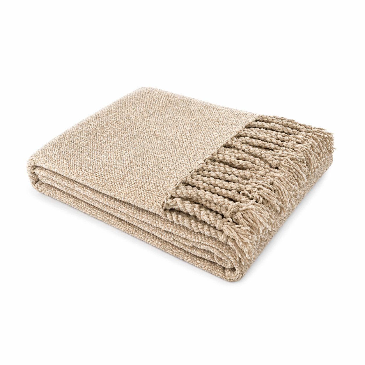 Wohndecke Winter Kuscheldecke mit Fransen » Chenille Wolldecke, VewoTex, Wohndecke im Boho Style » Couchdecke 130 x 170 cm » creme-braune Decke