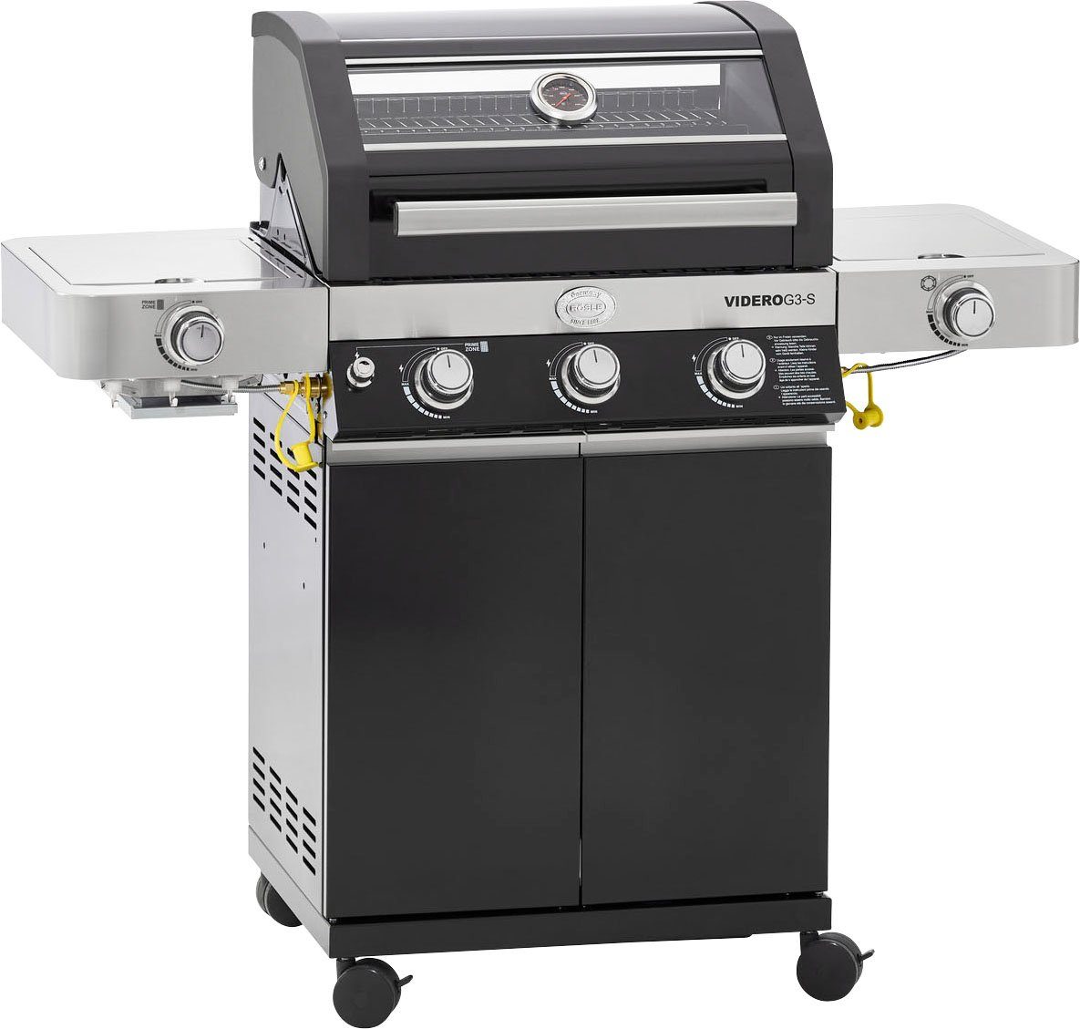 RÖSLE Gasgrill BBQ-Station VIDERO, 25520, G3-S Schwarz, 3 Brenner, extra Primezone und Seitenbrenner, VARIO+