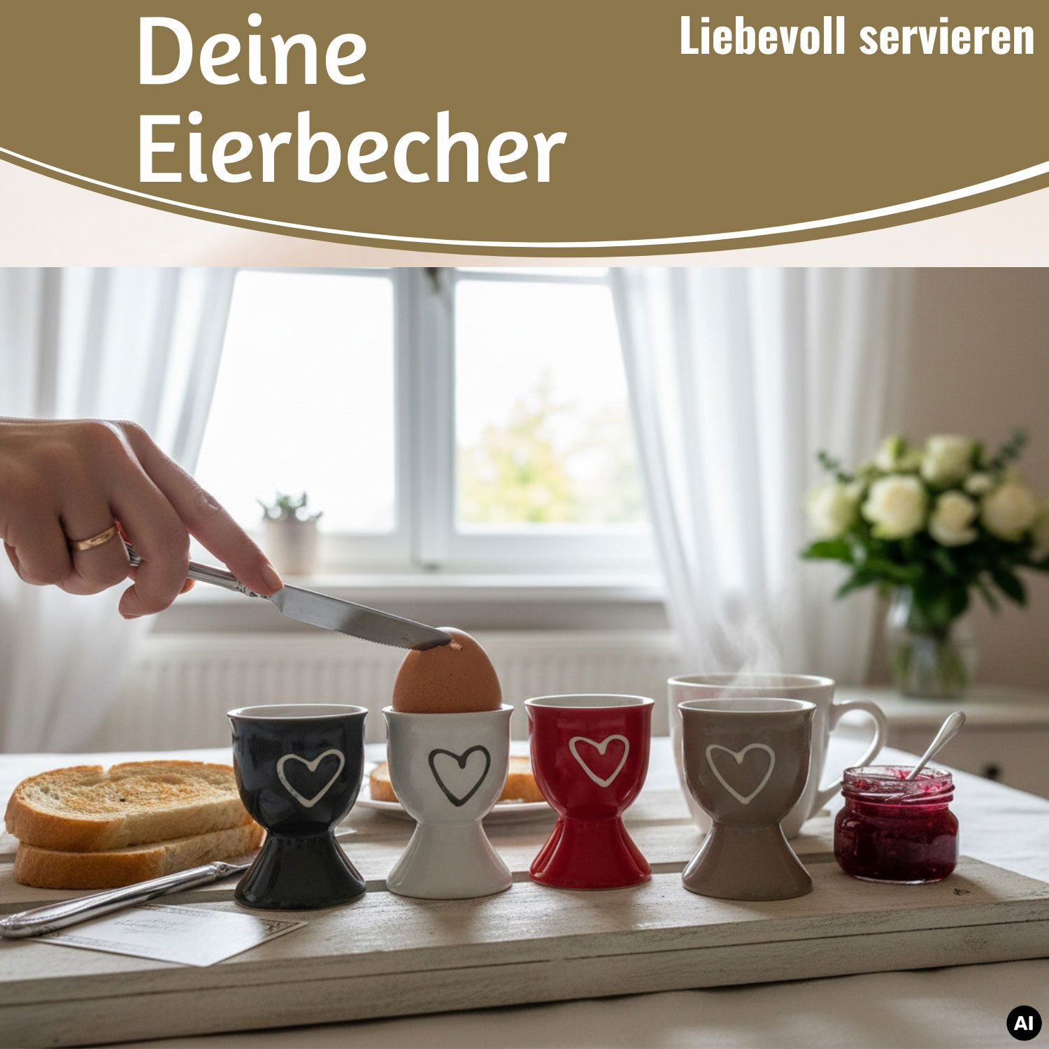 LS-LebenStil Eierbecher 4 Keramik Eibecher Set Herz Grau Weiß Rot Braun Gute Laune Eierhalter, (Exklusive edle Eihalter, perfekte Deko am Frühstückstisch, 4-tlg., für das perfekte Frühstücksei, Geschenk zur Hochzeit, Verlobung), Muttertag, Vatertag, Ostern, Weihnachten