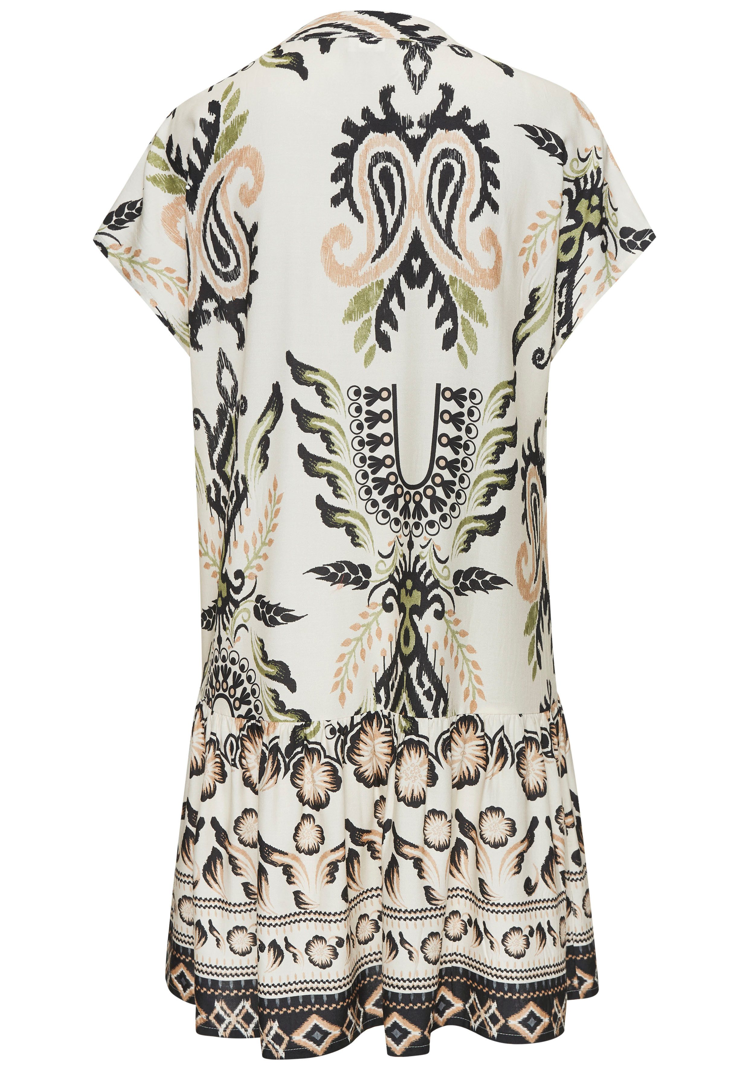 Buffalo Blusenkleid mit Alloverprint und Volant am Saum lockeres Sommerkleid, Strandkleid, sommerliches Tunikakleid, Boho-Stil