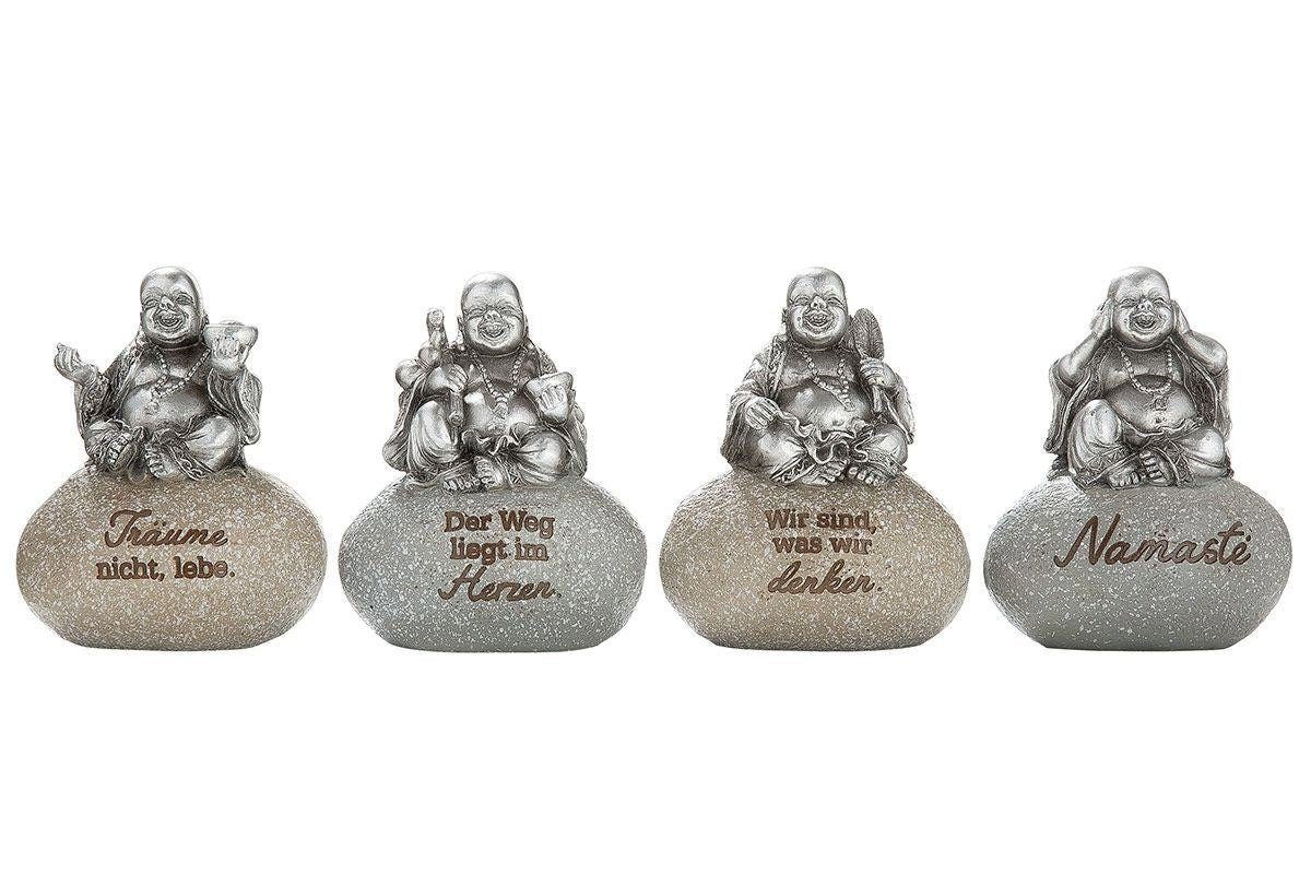 GILDE Dekoobjekt 4er Set Lachender Buddha Figuren auf Stein mit den motivierenden Zitat