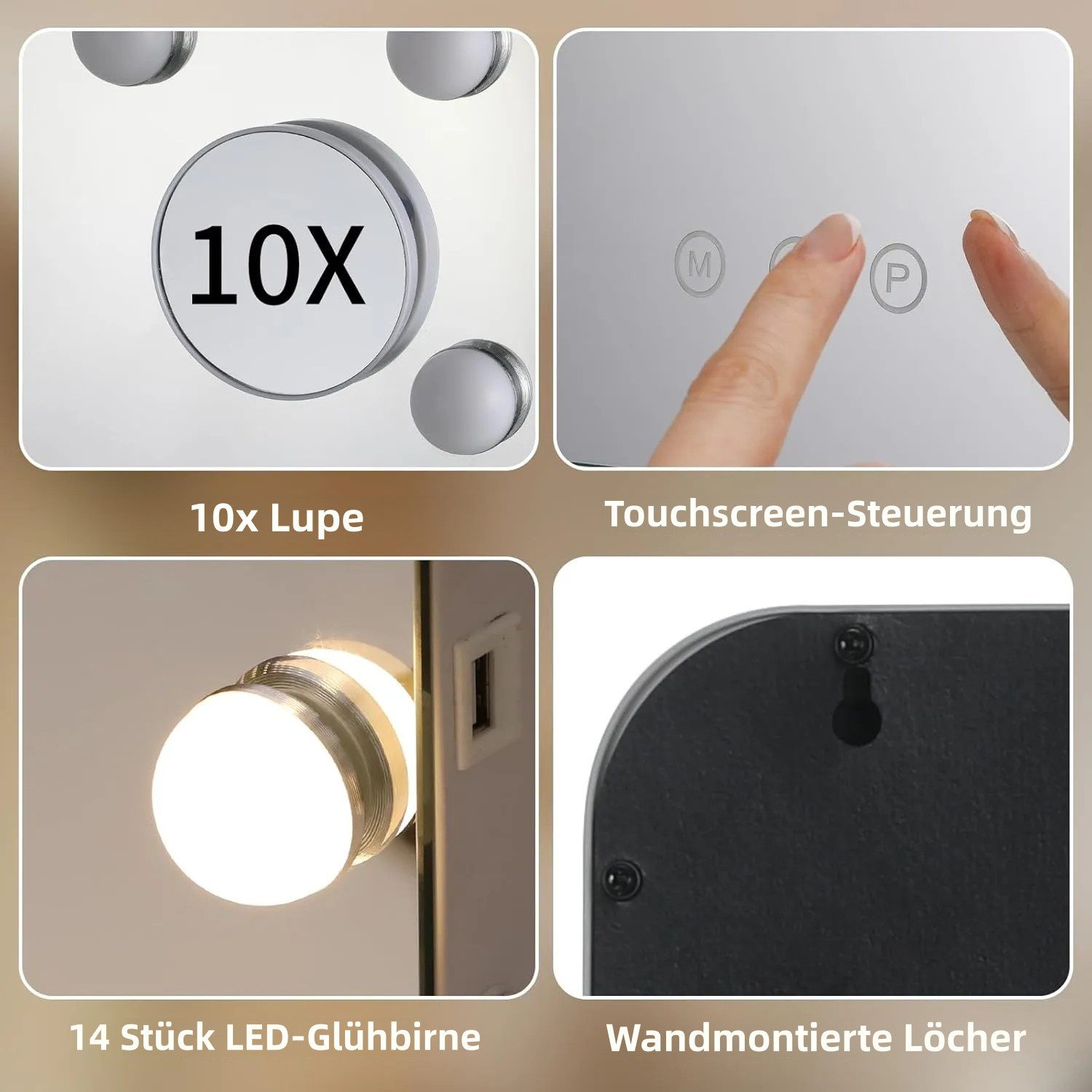 TLGREEN Schminkspiegel Hollywood Spiegel mit Licht 80x60/58x46 cm (USB- und TYPE-C-Ladeanschlüsse, Drei helle Farben), 10-fache Lupe