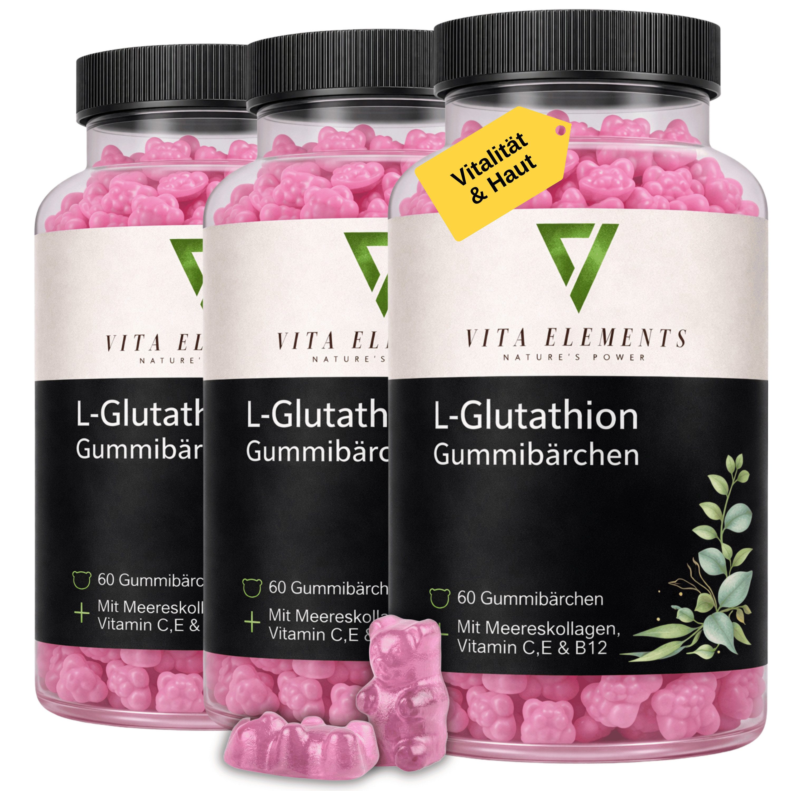 Vita Elements 3er Set L-Glutathion Gummibärchen, 180 Stk. Hochwertiger Komplex ohne Gentechnik Laborgeprüft Gummies