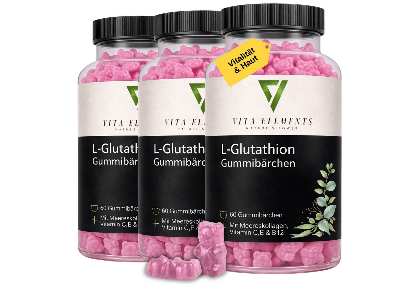 Vita Elements 3er Set L-Glutathion Gummibärchen, 180 Stk. Hochwertiger Komplex ohne Gentechnik Laborgeprüft Gummies