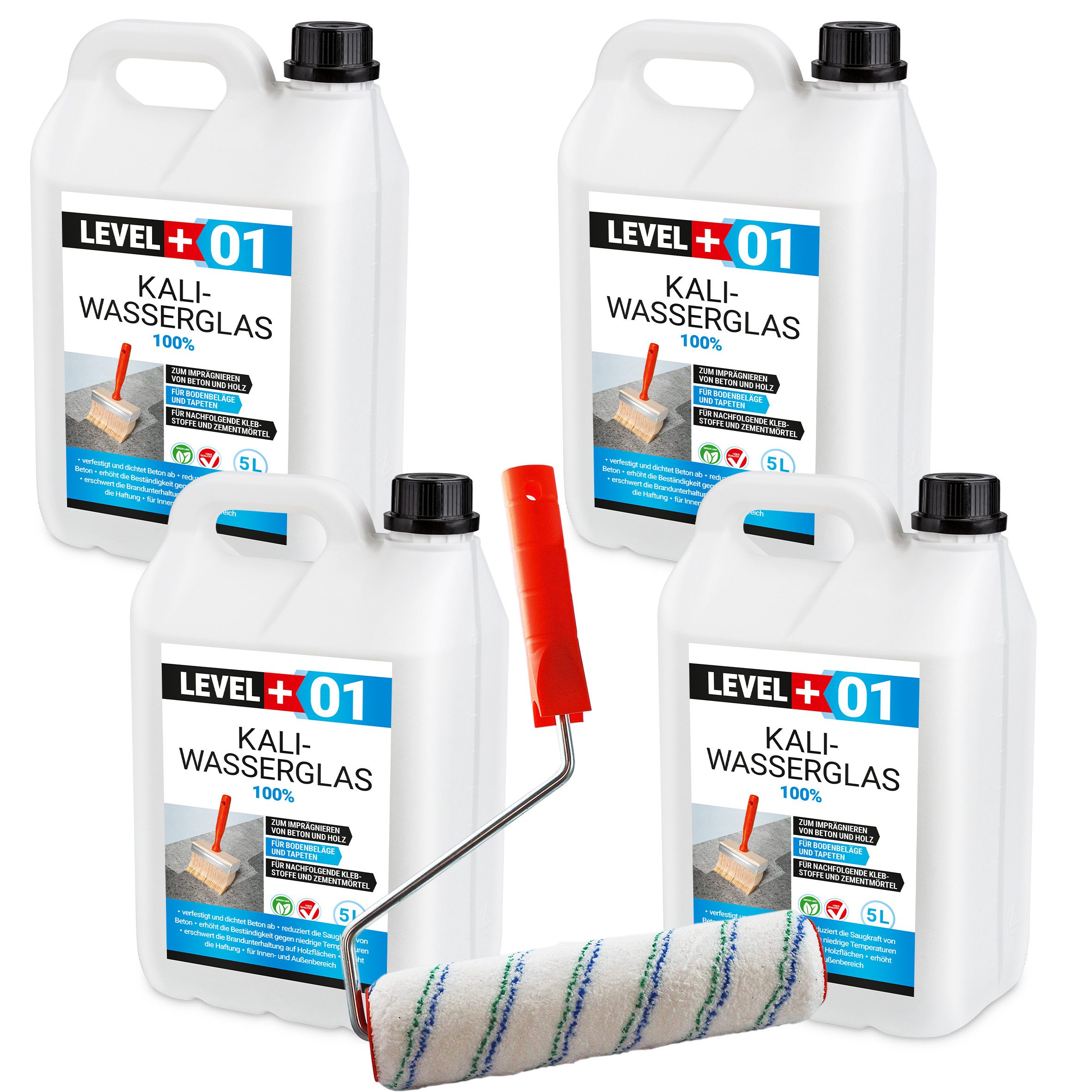 Level+ Isoliergrundierung Kaliwasserglas 20L Unverdünnt BetonVersiegelung L+01 + Малярный валик