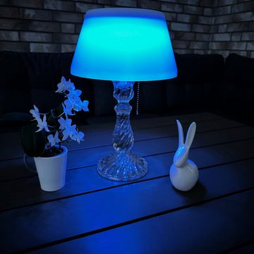 Online-Fuchs LED Außen-Tischleuchte Solar Tischlampe kabellos aus Glas für draußen, Outdoor, 10 LEDs, Warmweiß oder Farbwechsel wählbar, Akku über USB aufladbar