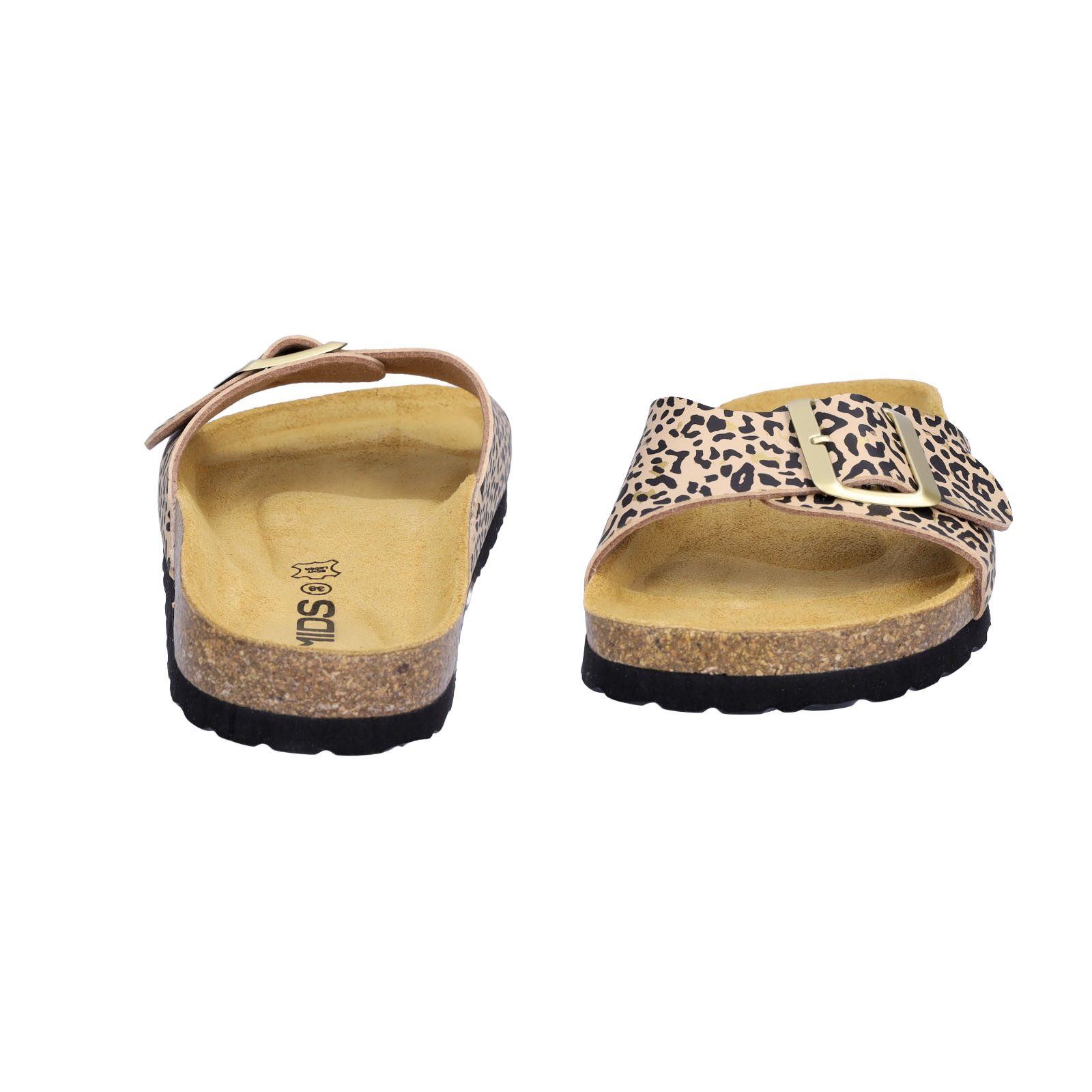MIDS MONA Damen Pantolette leo Animalprint, Einriemer mit Lederfußbett, Korksohle und Schnalle