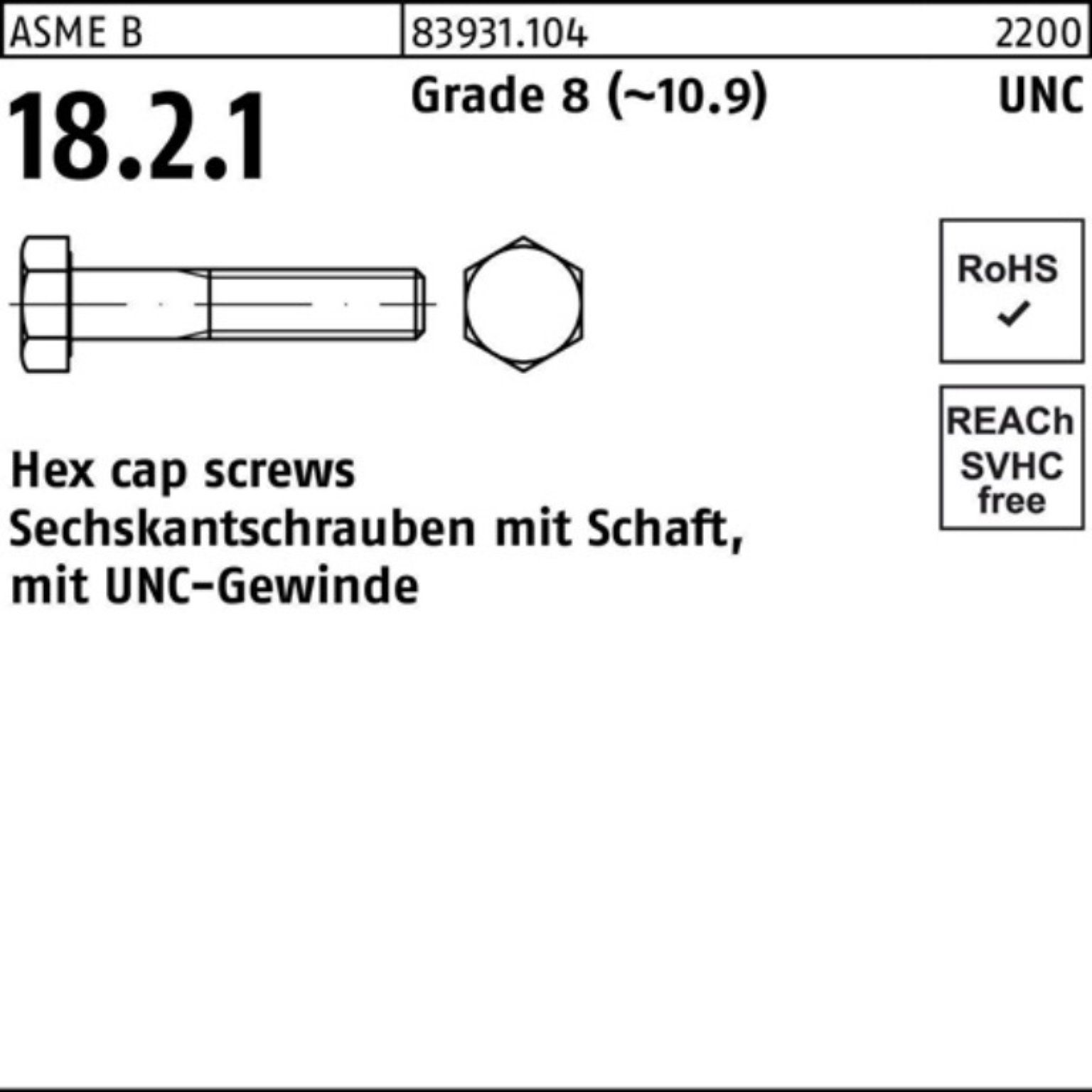 Reyher Sechskantschraube 100er Pack Sechskantschraube R 83931 UNC-Gewinde/Schaft 1/2x 2 Grade 8