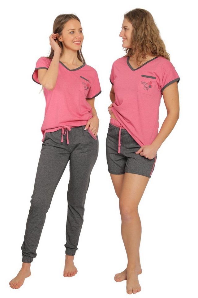 Consult-Tex Pyjama Damen Pyjama Schlafanzug 3er Set DF263 (Spar Set, 3er  Set) Mit Kontrastpaspel in der kurzen Hose