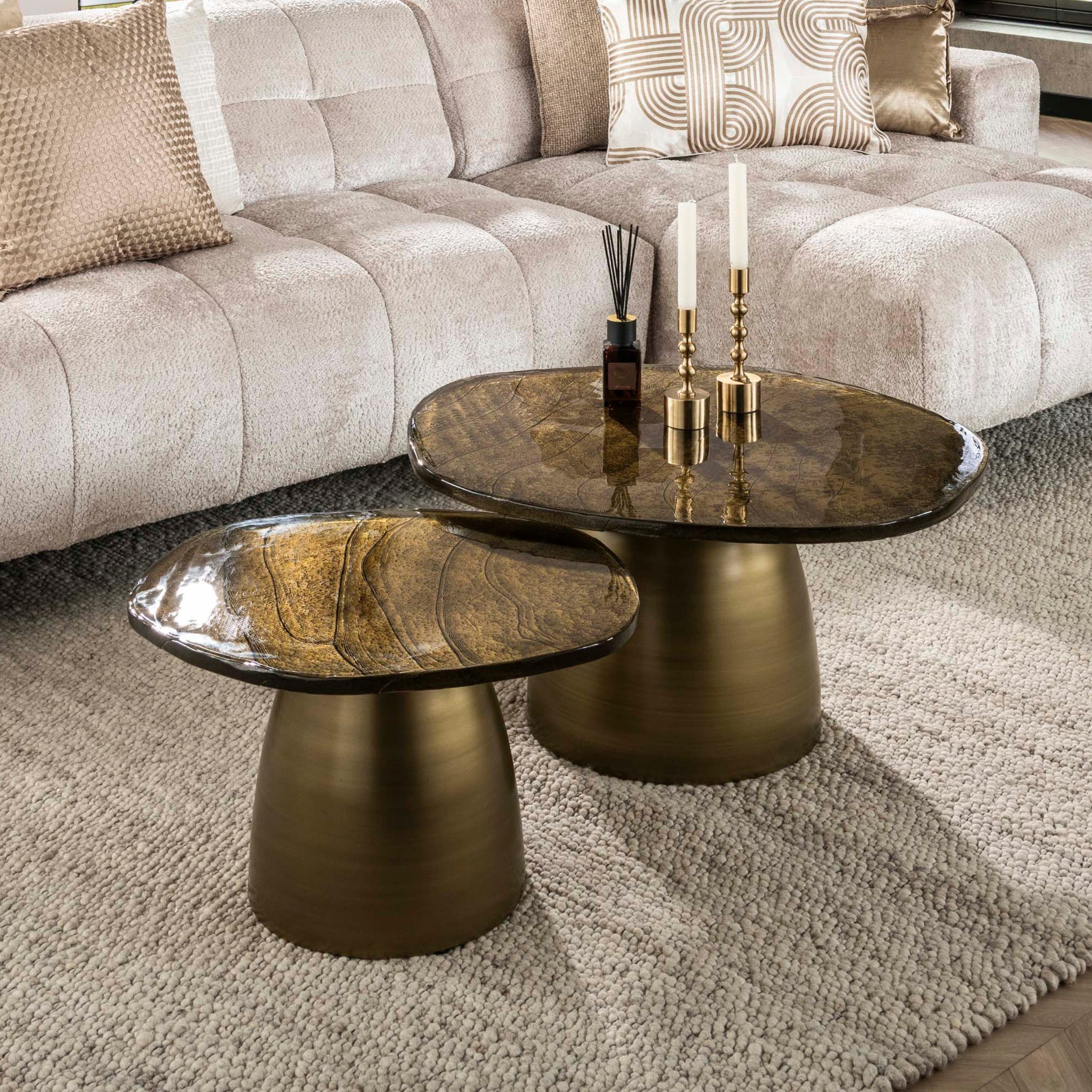 alesvelt Couchtisch ECLIPSE ORGANICO 2-teilige Glastische mit Gussglas & Metallfuß (Set, 2er-Set), Tischplatte aus Gussglas