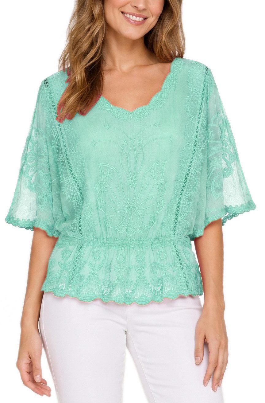 dy_mode Spitzenbluse Damen Sommerbluse mit Spitze Kurzarm Oberteil Einfarbig Transparent in Unifarbe, transparenten Ärmel