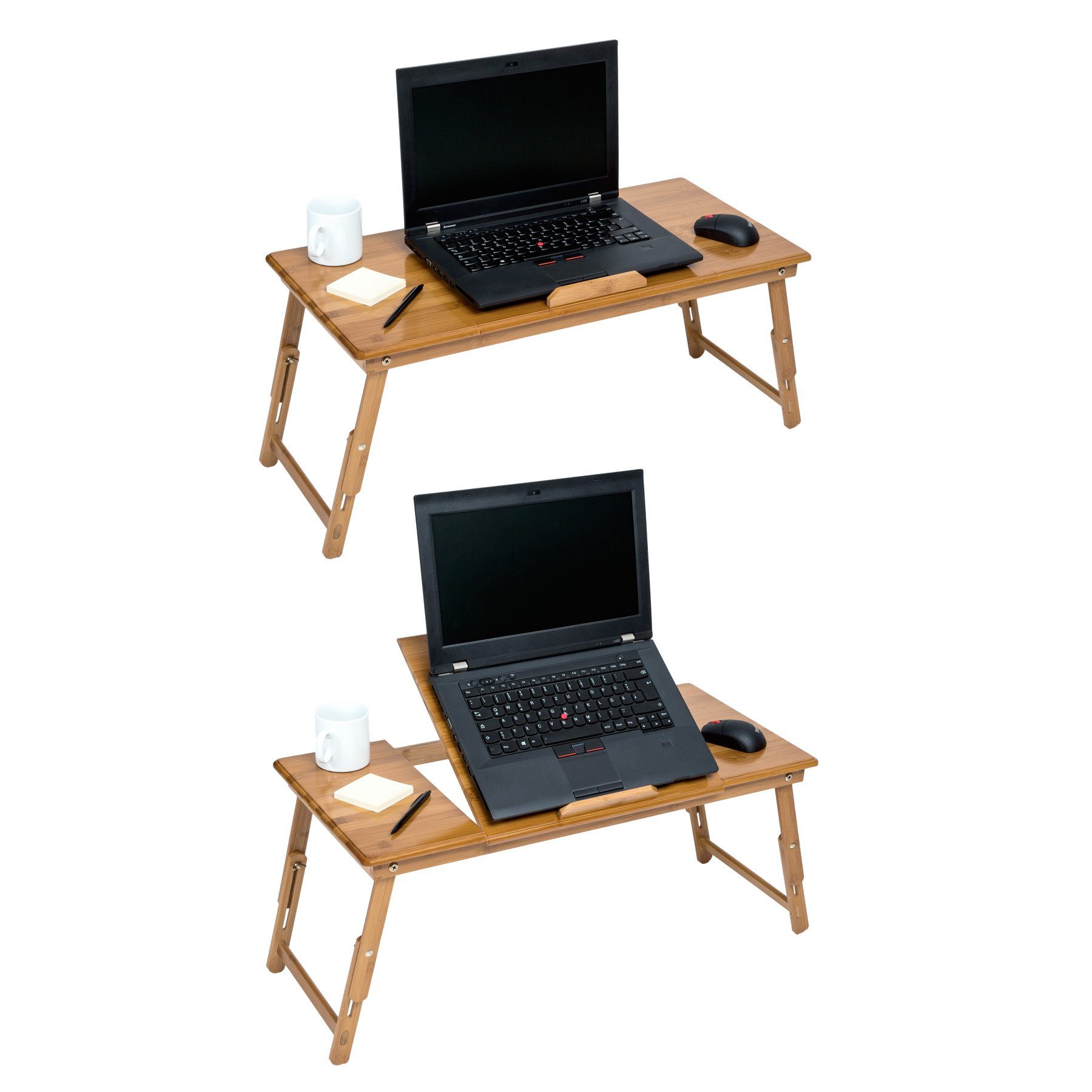 tectake Schreibtisch Laptoptisch inklusive 2 Abstellflächen, 72 x 35 x 26 cm (Betttisch Janina, 1-St., aus Bambus in braun), klappbar und höhenverstellbar, 4 Neigungswinkel, ideale Belüftung