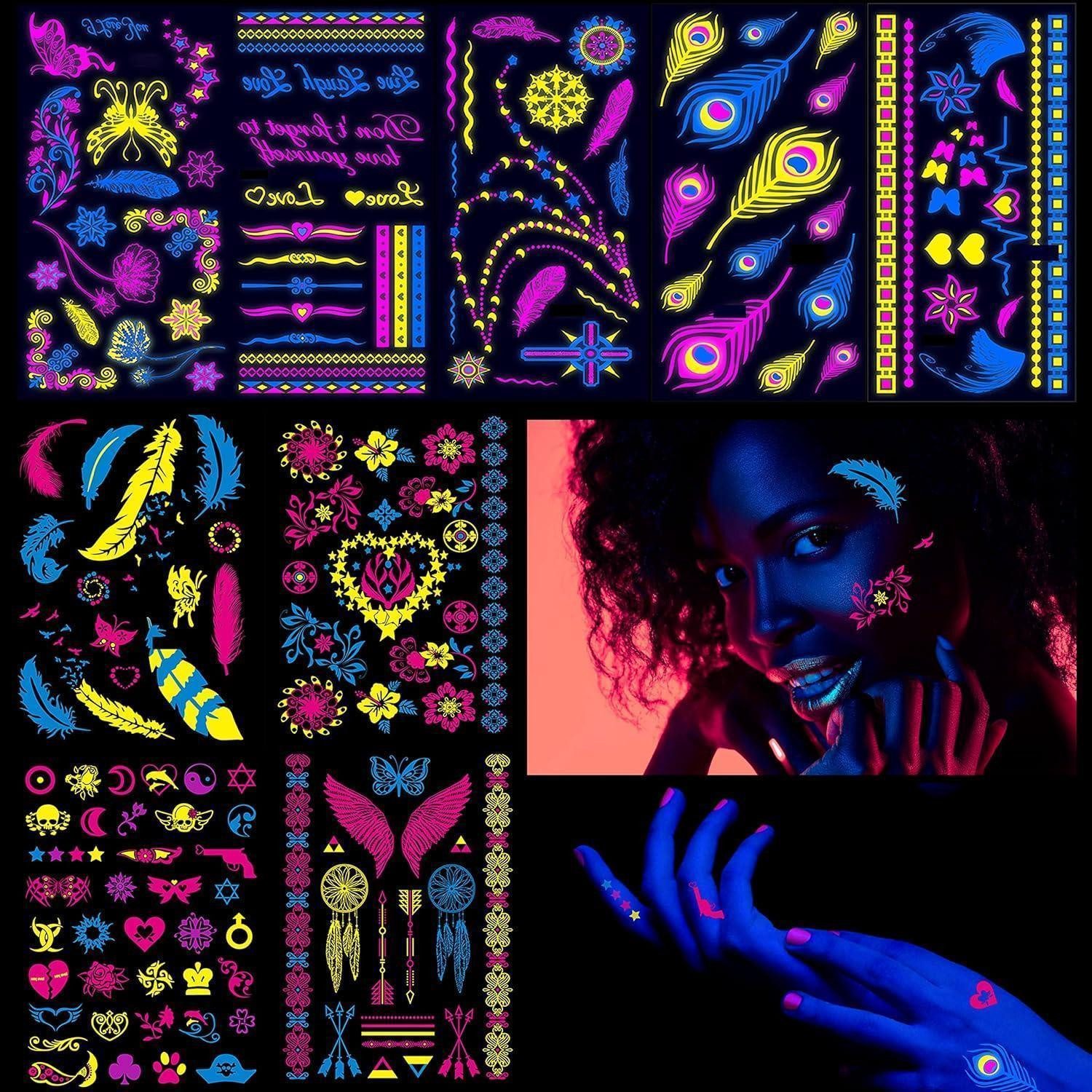 LuxusKollektion Kindertattoo Tattooaufkleber Gesicht Neon UV Schwarzlicht Glitzer 9pcs Neon