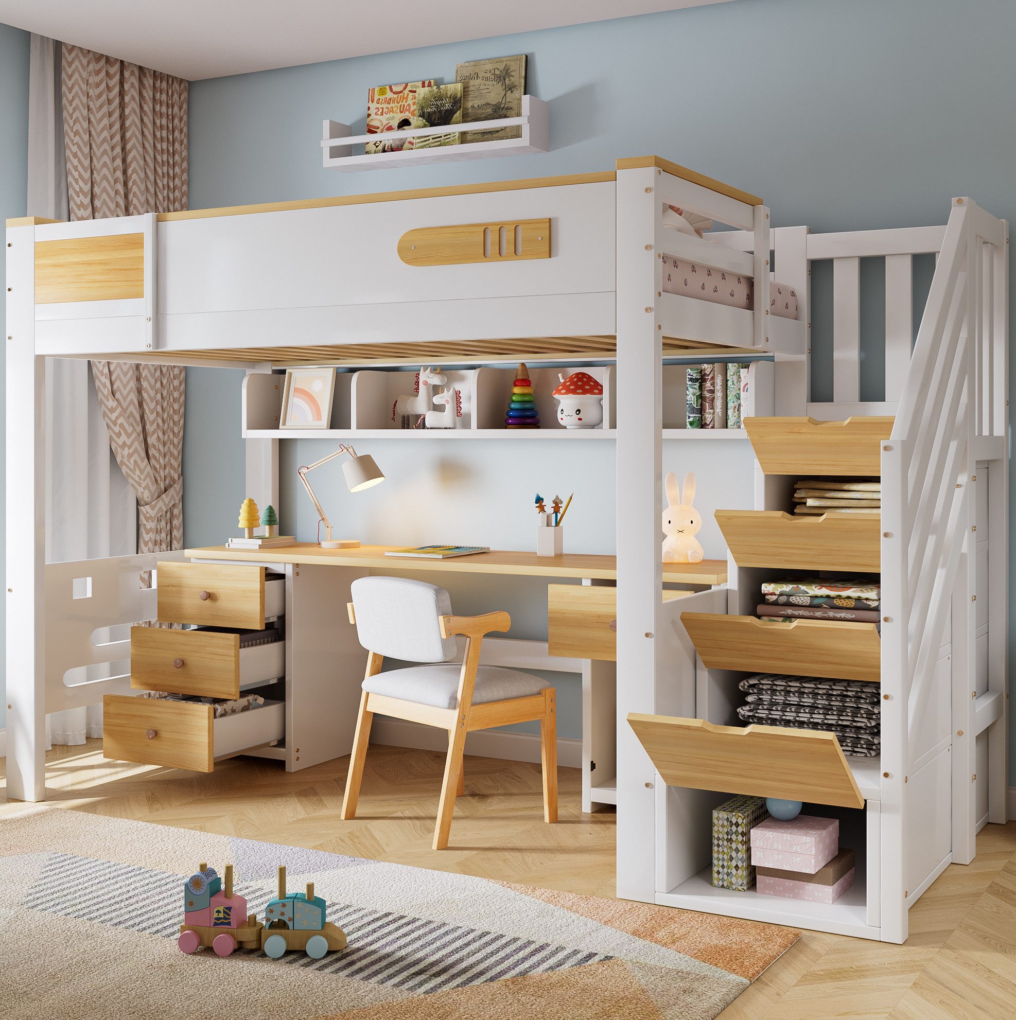MODFU Hochbett Jugendbett mit Schreibtisch und praktischen Ablagen (Holzbett 90x200 cm, mit Treppenregal, Schubladen und viel Stauraum, Kinderbett Stauraumbett) Inklusive Matratze