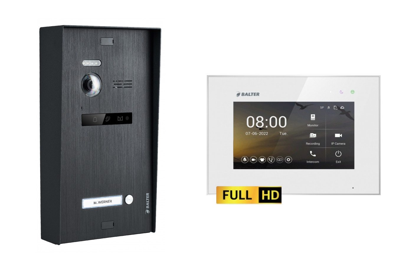 Balter Video-Türsprechanlage BALTER EVO-HD Aufputz Türsprechanlage 1-Familienhaus Schwarz Weiß (Set, 1-Familienhaus, Komplettset, Full HD 175° Kamera, Touchscreen-Monitor)