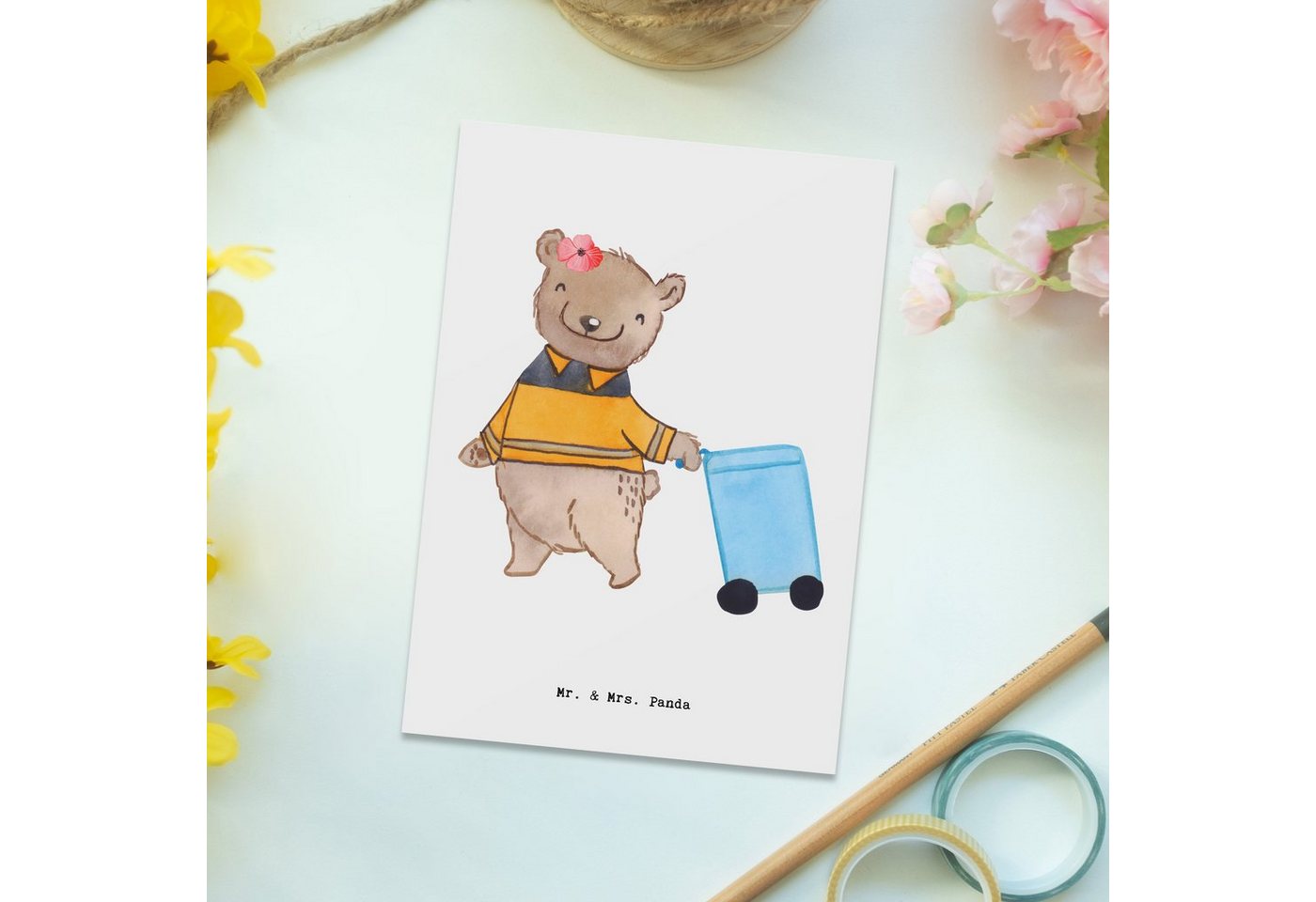 Thumbnail - Mr. & Mrs. Panda Postkarte Müllwerkerin Herz - Weiß - Geschenk, Mitarbeiter, sauber machen, Dank, Charmante Designs
