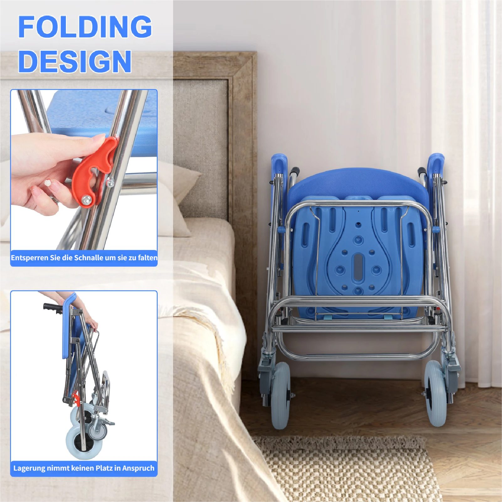 Rutaqian Toilettensitzerhöhung Faltbarer Dusch-Toilettenstuhl 3-in-1 mit Rückenlehne, 92 cm, Toiletten-Stuhl mit Rollen,Standfeste Nachtstuhl bis 136KG