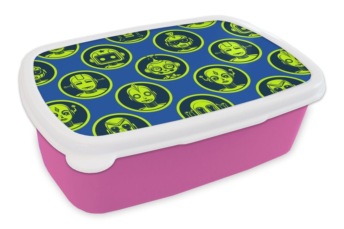 MuchoWow Lunchbox Muster - Roboter - Gelb - Blau - Jungen - Kinder - Kleiner Junge, Kunststoff, (2-tlg), Brotbox für Erwachsene, Brotdose Kinder, Snackbox, Mädchen, Kunststoff rosa