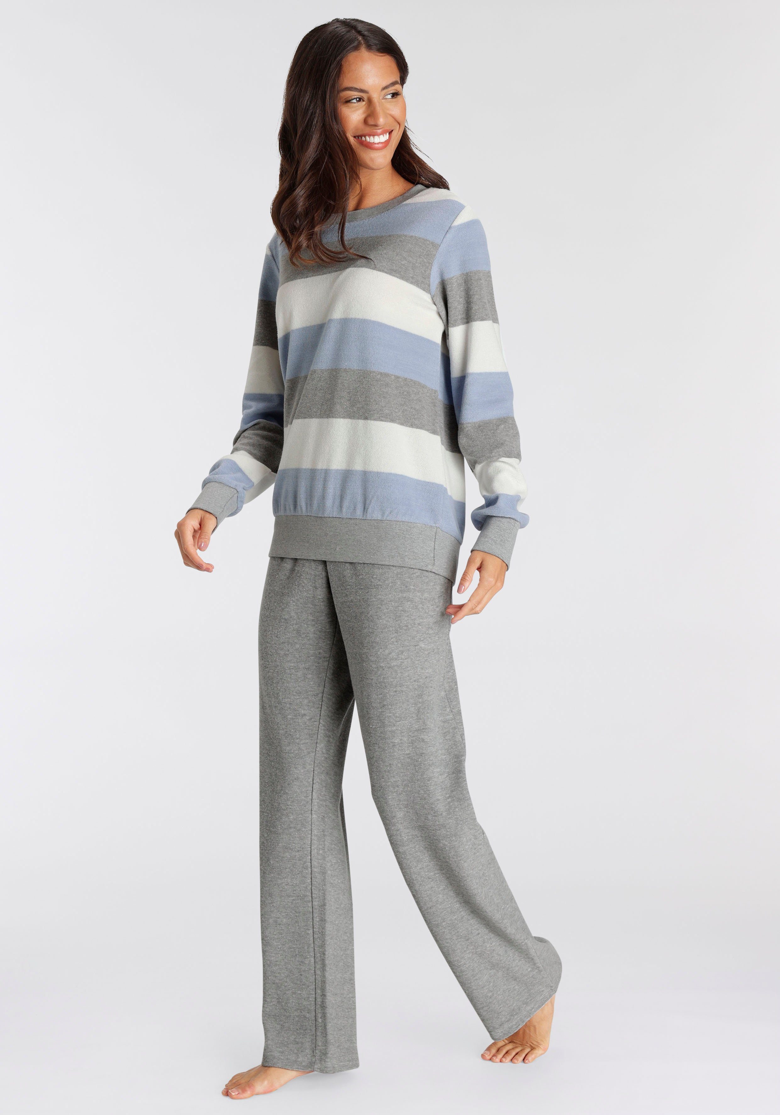 tlg) Frottée Pyjama Vivance grau-blau Streifen Dreams mit und (2 weichem Colorblock aus