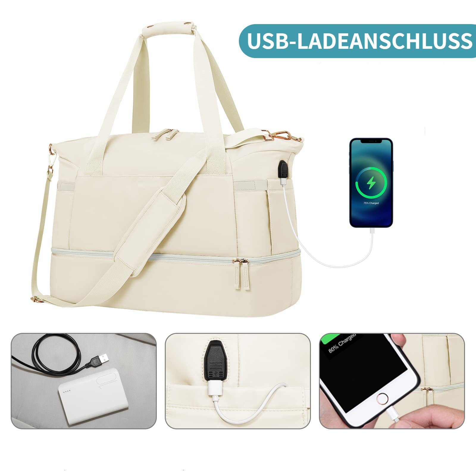 Beige Sporttasche, USB Damen Schuhfach Nylon S-ZONE Reisetasche 37L mit