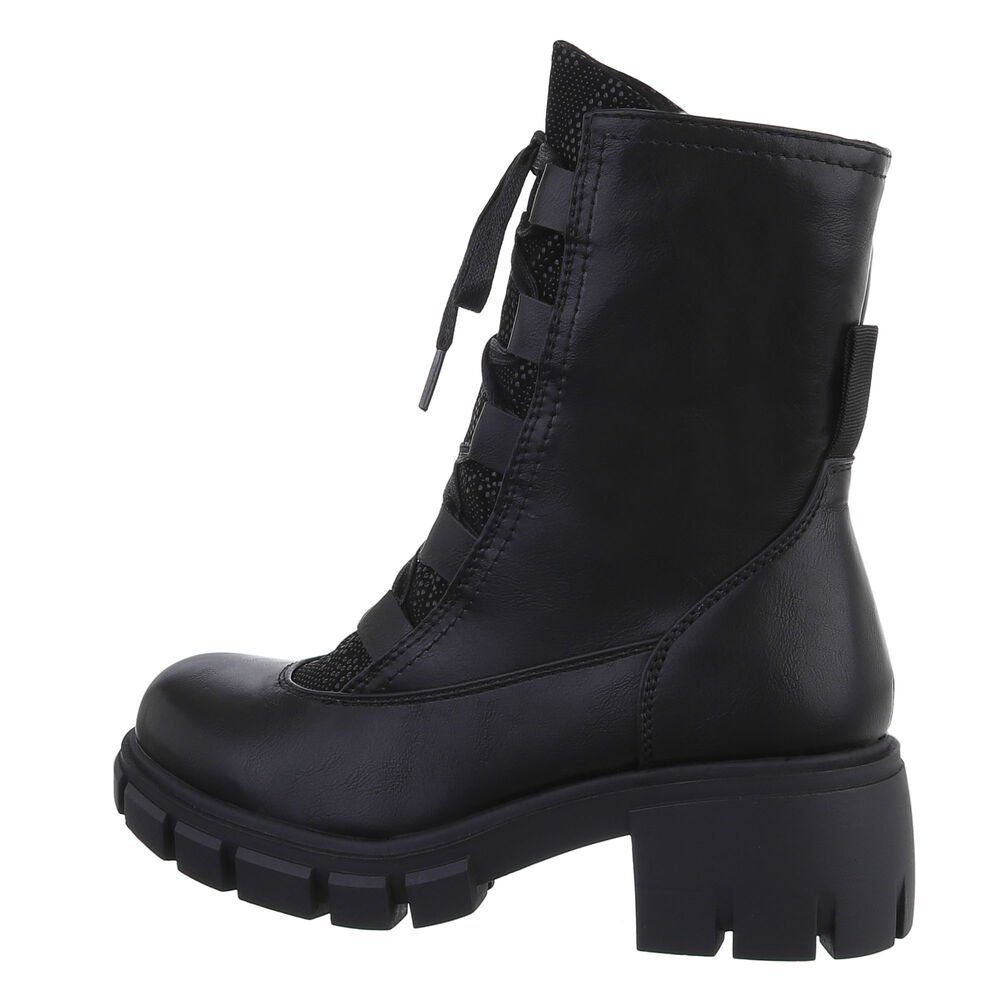 Ital-Design Damen Schnürschuhe Freizeit Stiefelette Blockabsatz Plateaustiefeletten in Schwarz