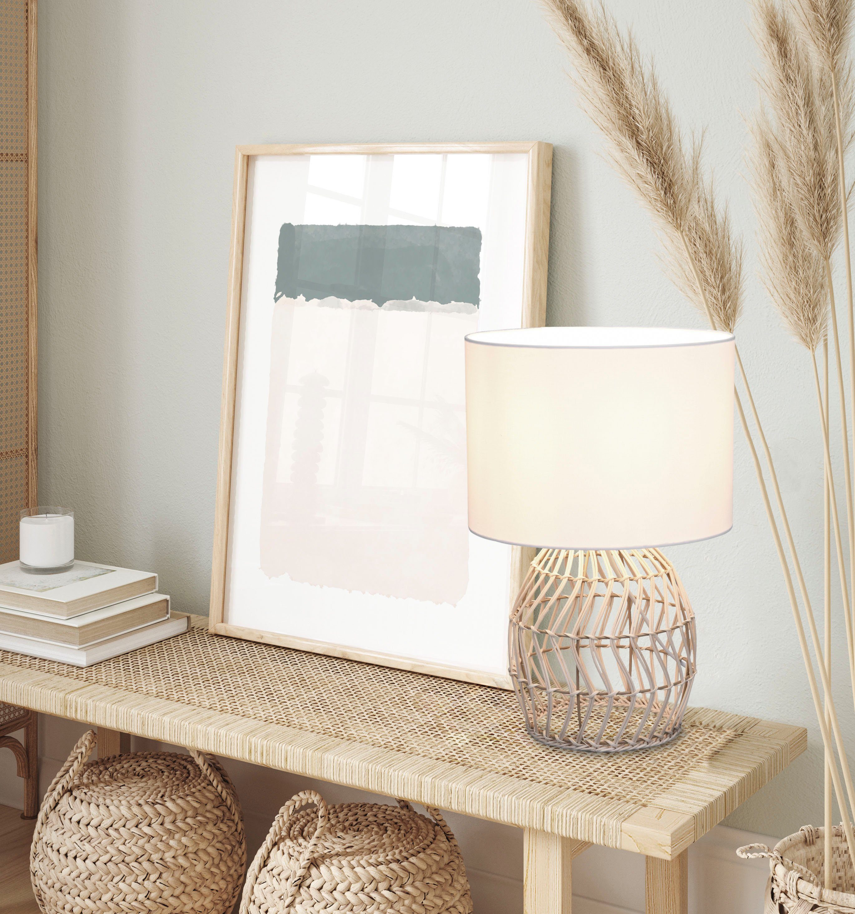Reality Leuchten Schreibtischlampe Rike, Ein-/Ausschalter, ohne Leuchtmittel, warmweiß - kaltweiß, Boho Tischleuchte Rattan mit Stoffschirm, Schalter, exkl 1xE27 max 40W