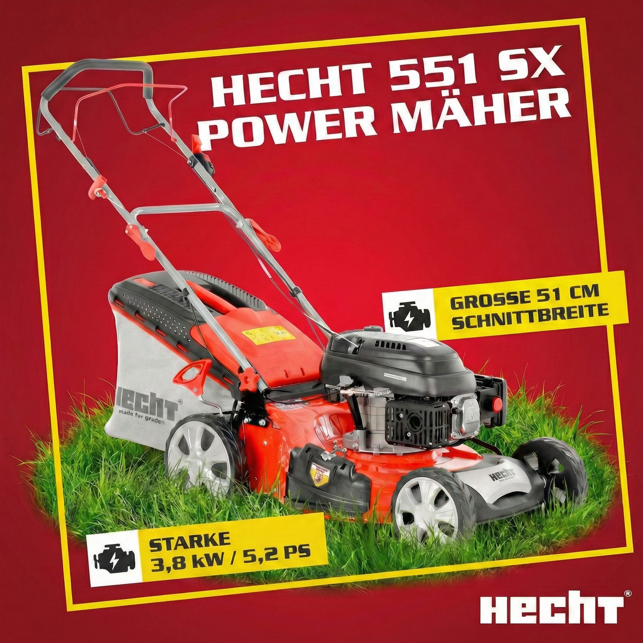 Hecht Benzinrasenmäher 551 SX 5in1 mit Radantrieb Stahlgehäuse, 51 cm Schnittbreite, 5,2 PS, 25-75 mm Schnitthöhe, 65L Fangkorb